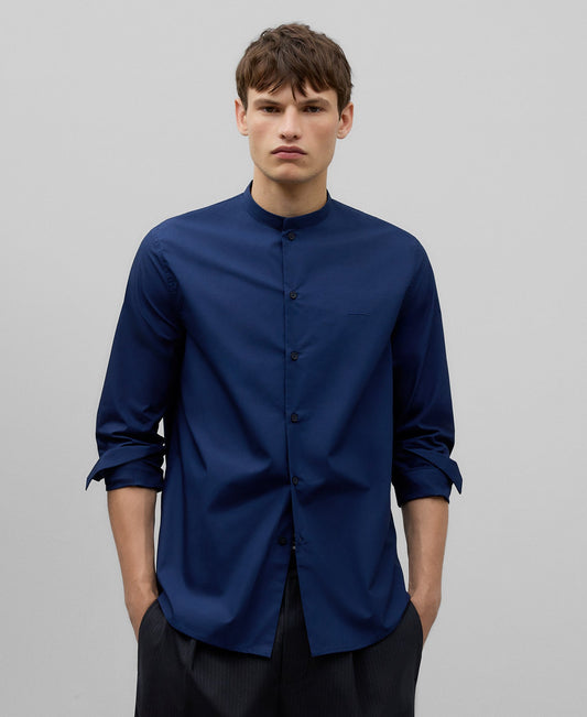 Navy Poplin Mandarin Collar Shirt for Men