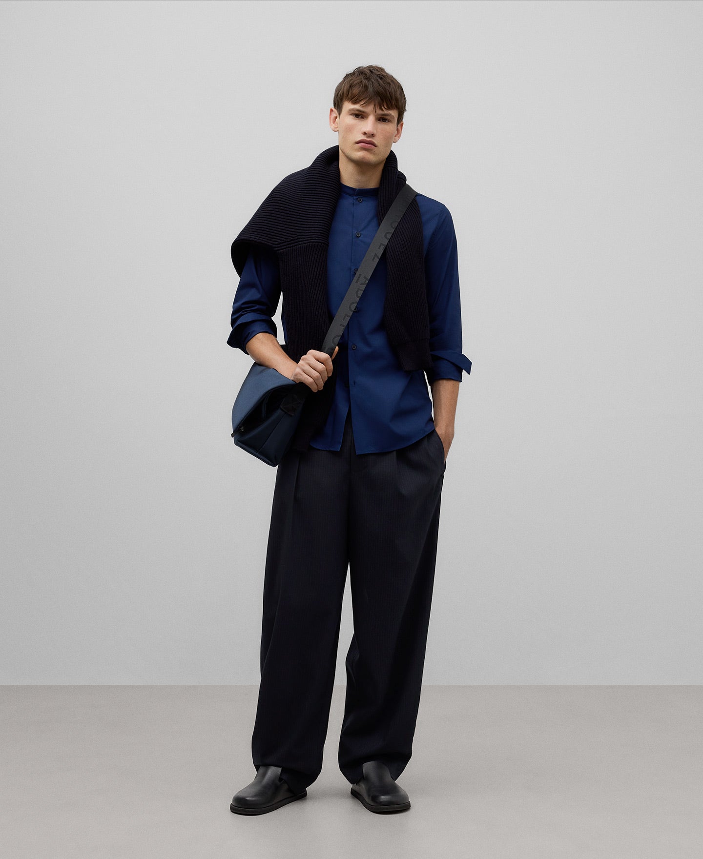 Navy Poplin Mandarin Collar Shirt for Men