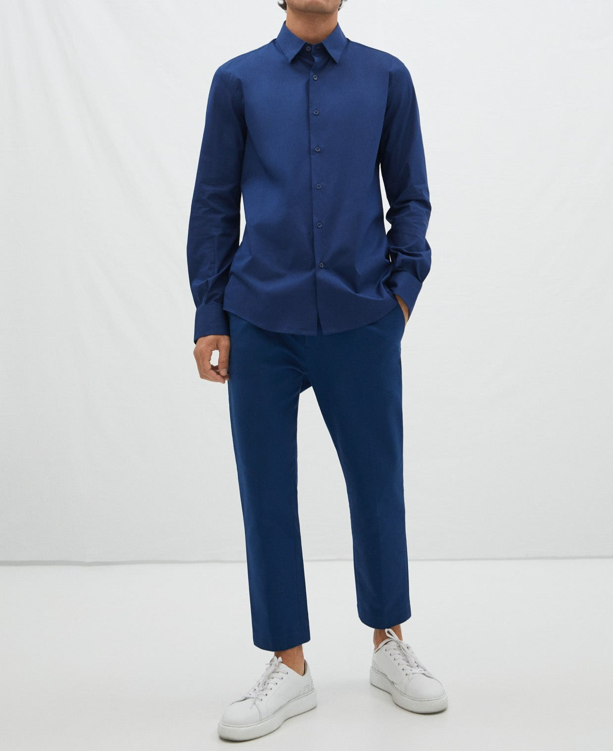 Navy Blue Cotton Lapel Collar Shirt