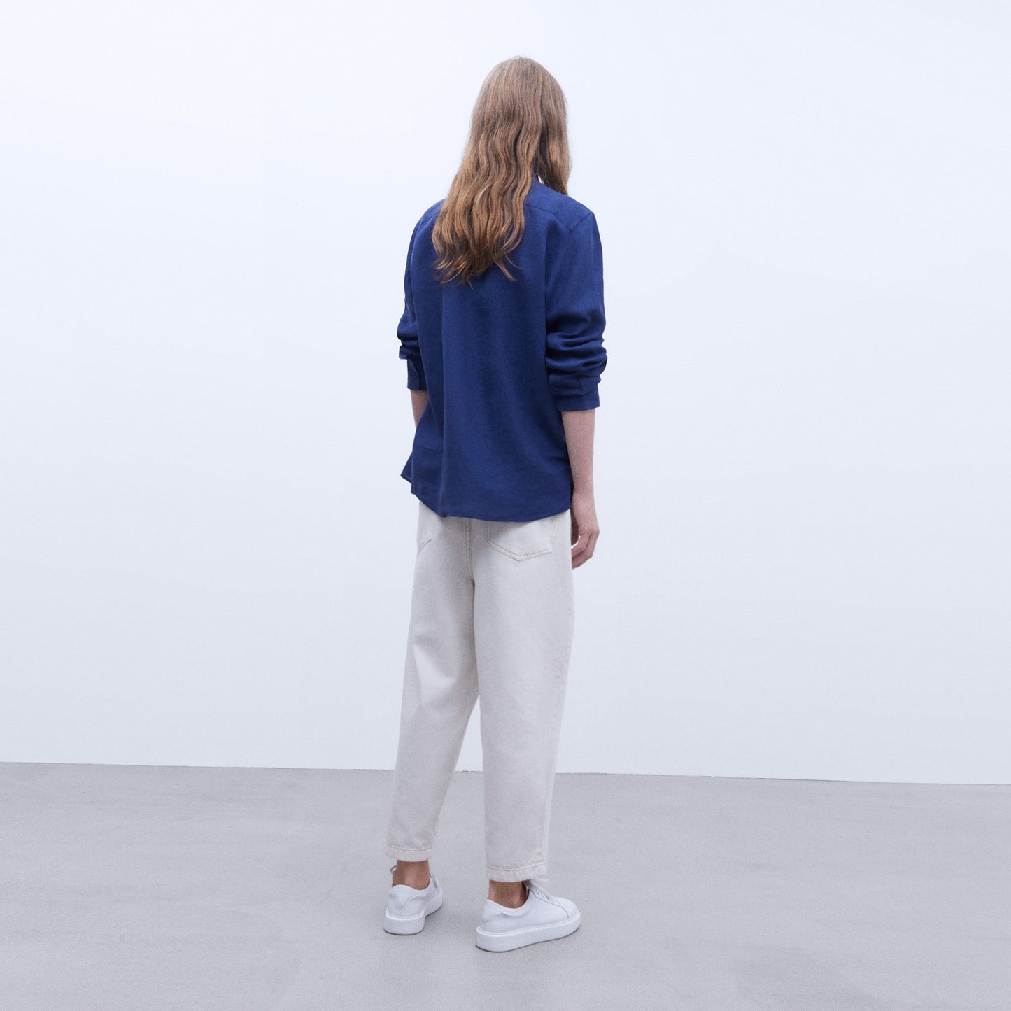 Navy Linen Lapel Collar Shirt