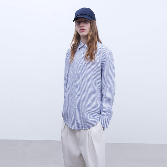 Linen Striped Shirt in White & Blue