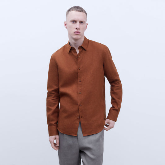 Terracotta Linen Lapel Collar Shirt
