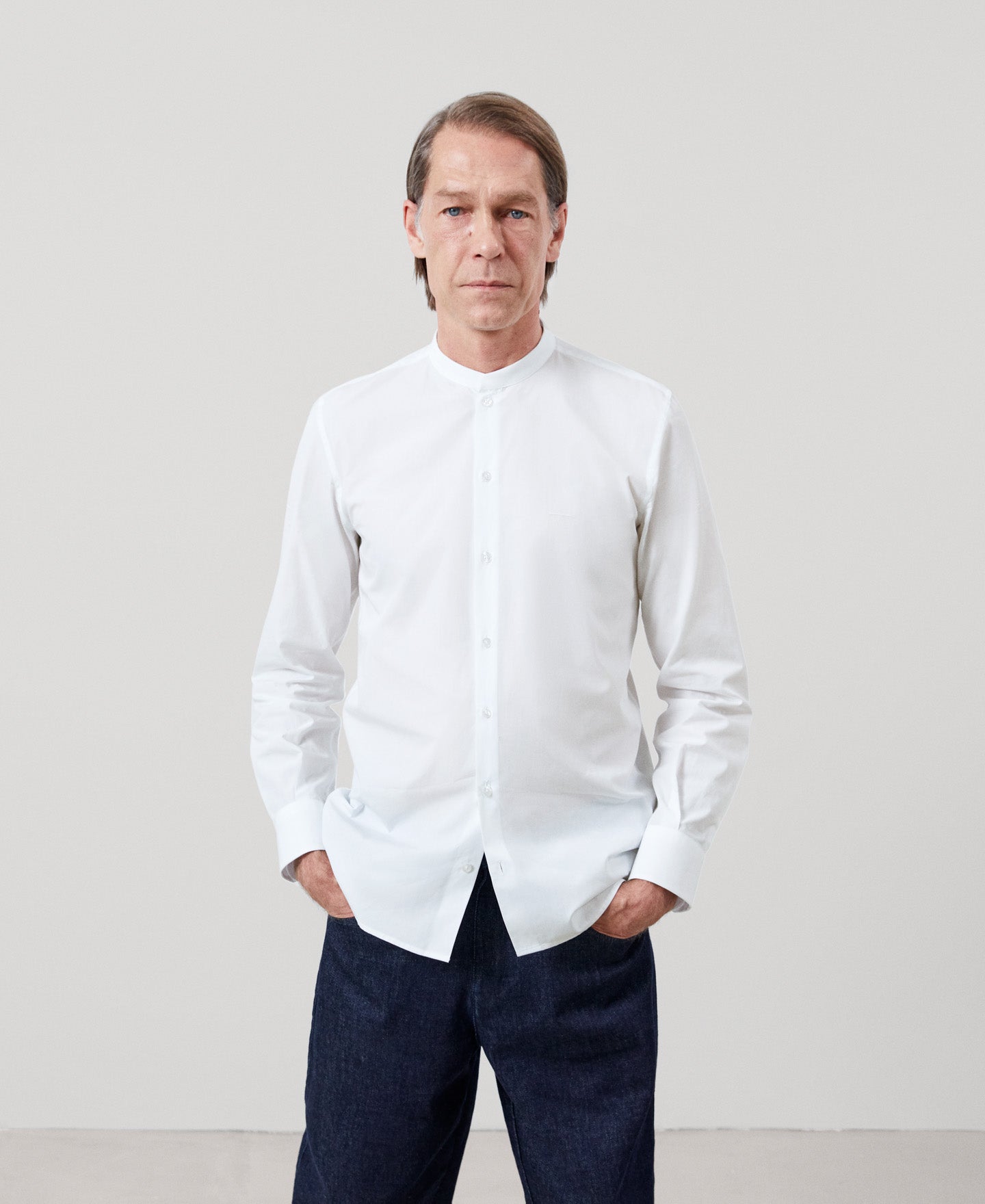 White Mandarin Collar Organic Cotton Shirt