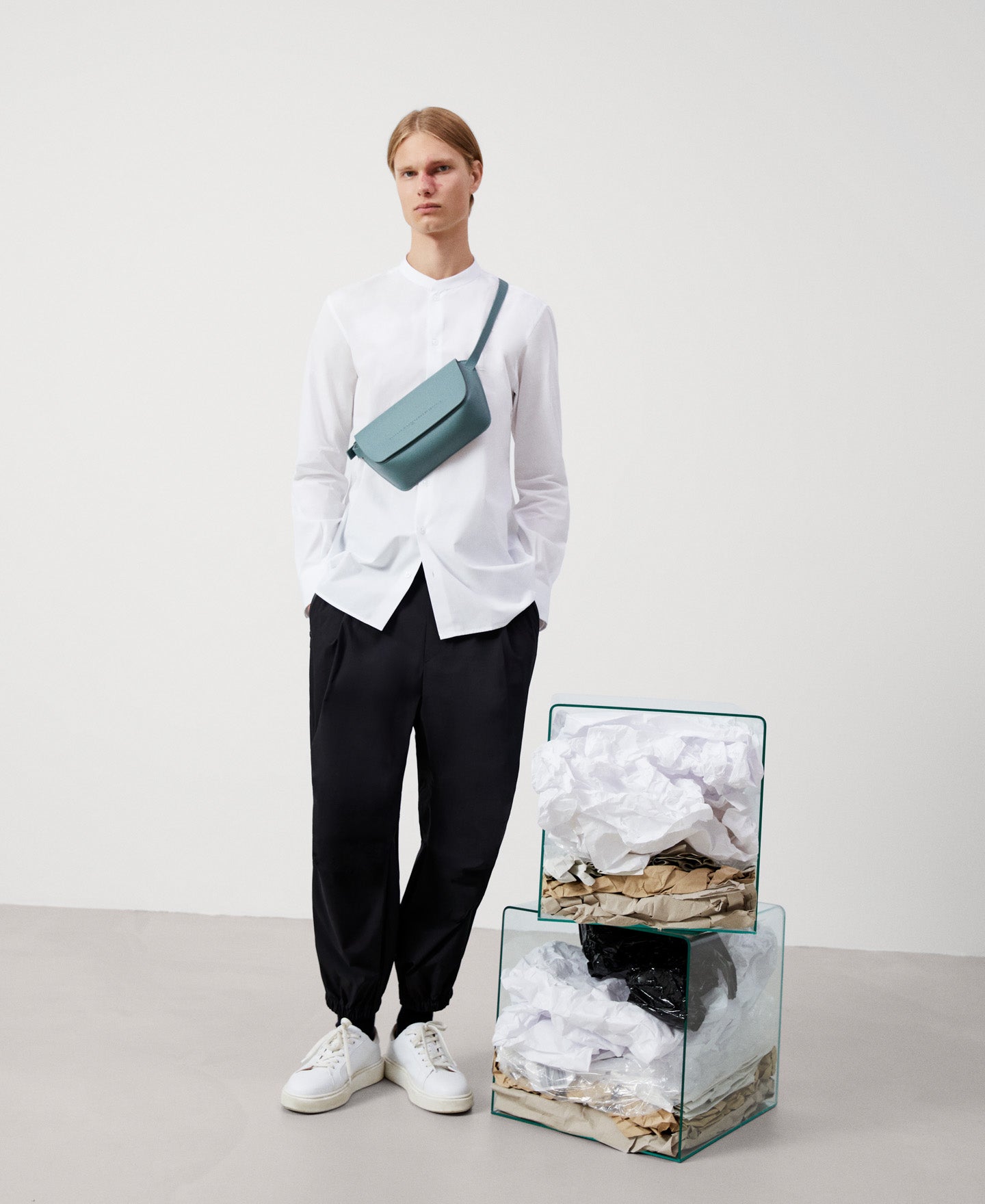 White Mandarin Collar Organic Cotton Shirt