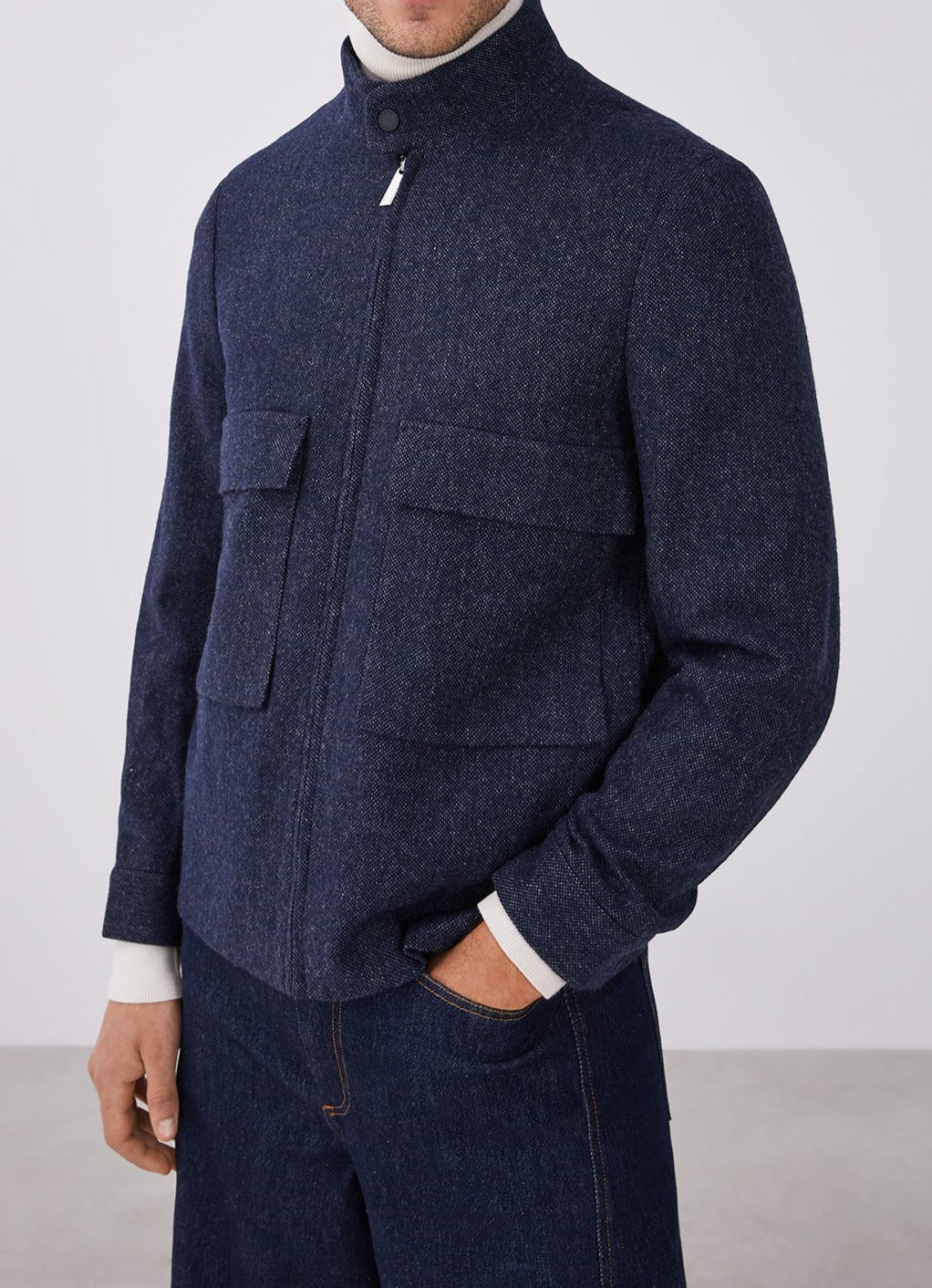 Blue Mottled Wool Jacket With Patch Pockets