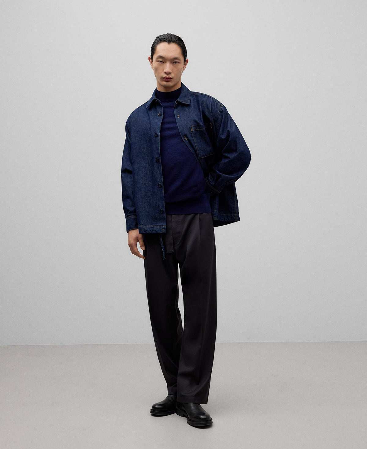 Navy blue denim overshirt man in navy blue