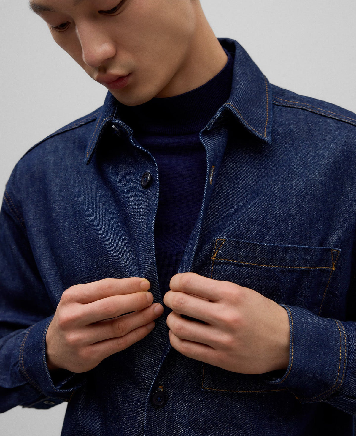 Navy blue denim overshirt man in navy blue