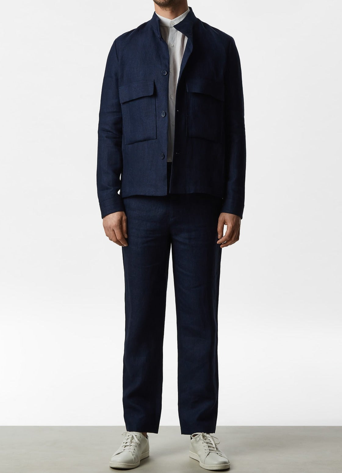 Navy Blue Linen Overshirt With Mandarin Collar