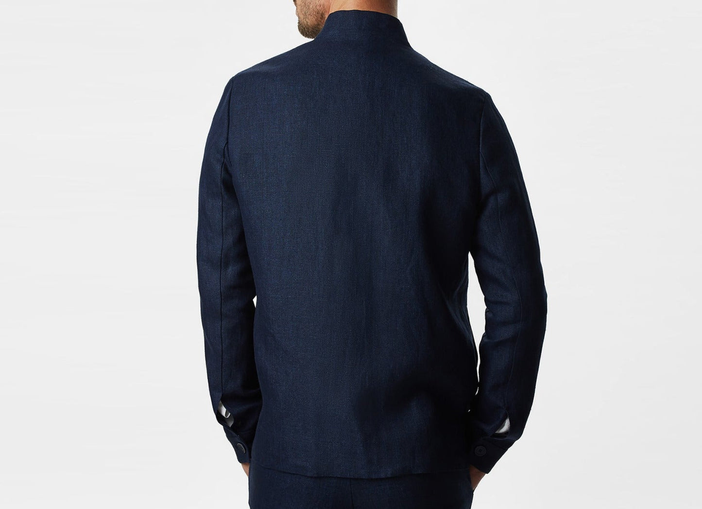 Navy Blue Linen Overshirt With Mandarin Collar