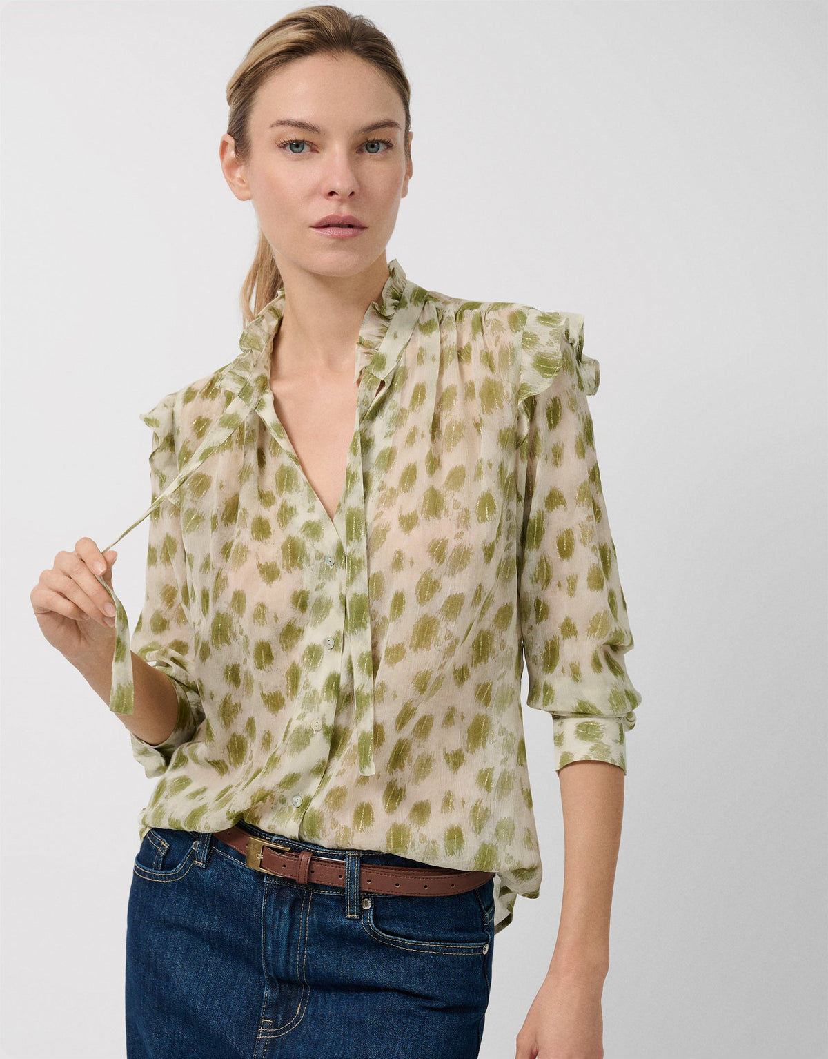 Blouse With Ruffles And Green Spotted Print