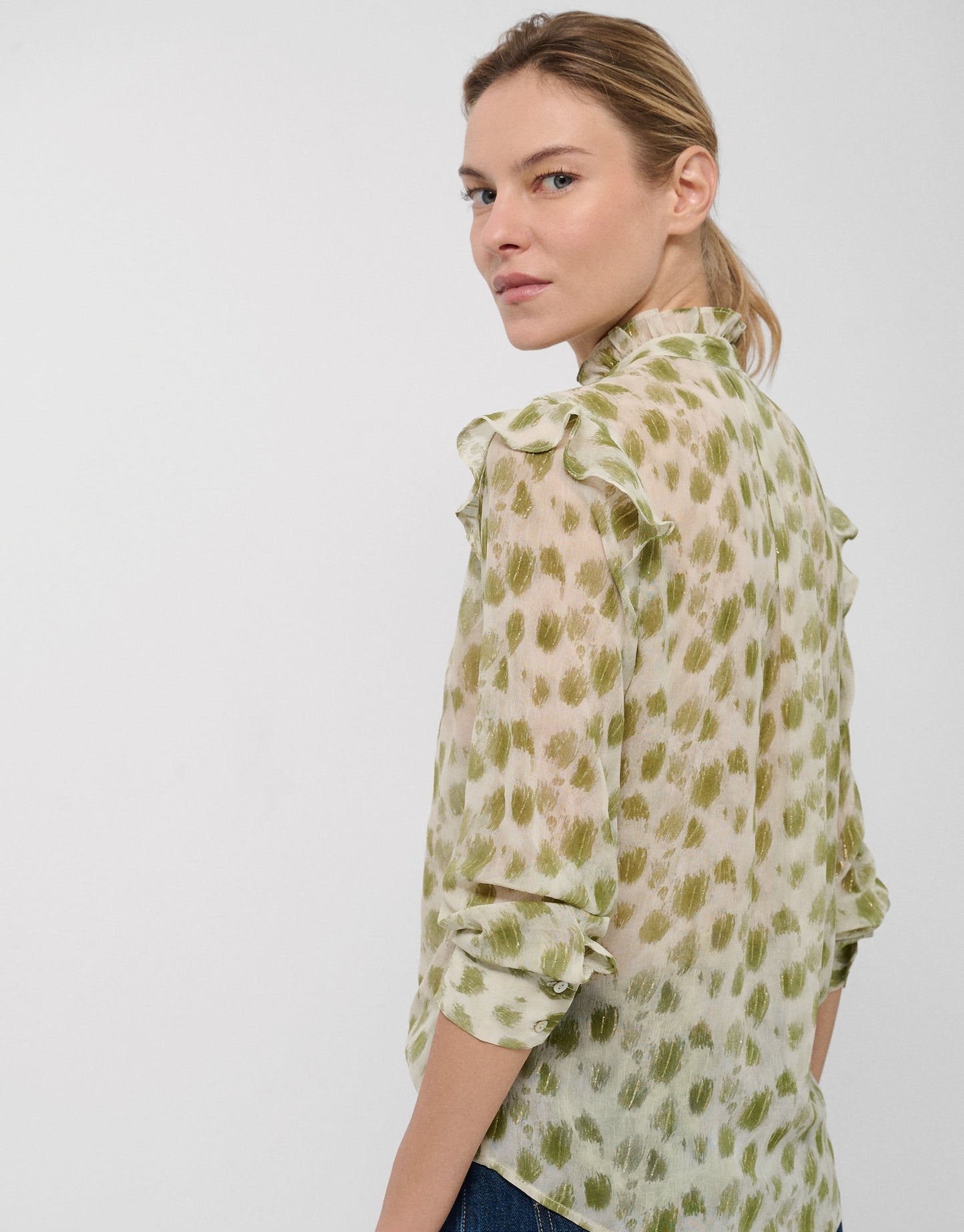 Blouse With Ruffles And Green Spotted Print