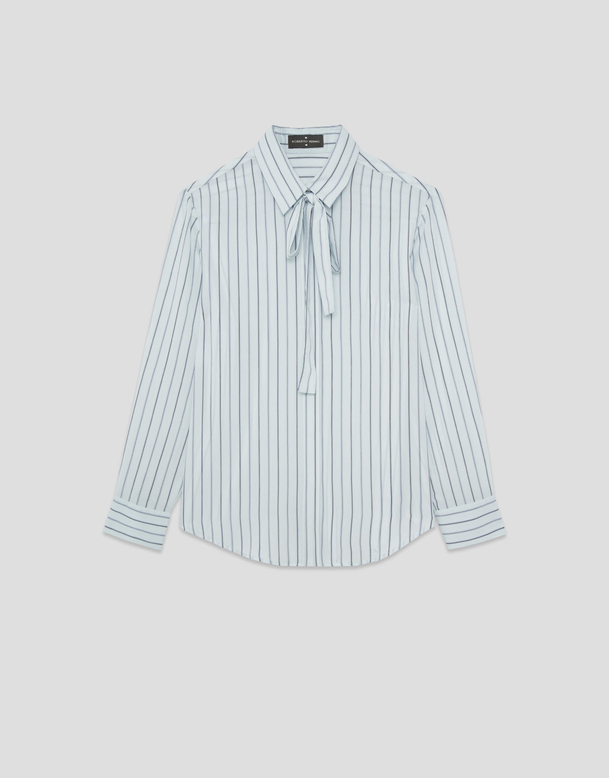 Blue striped shirt with bow at the neck