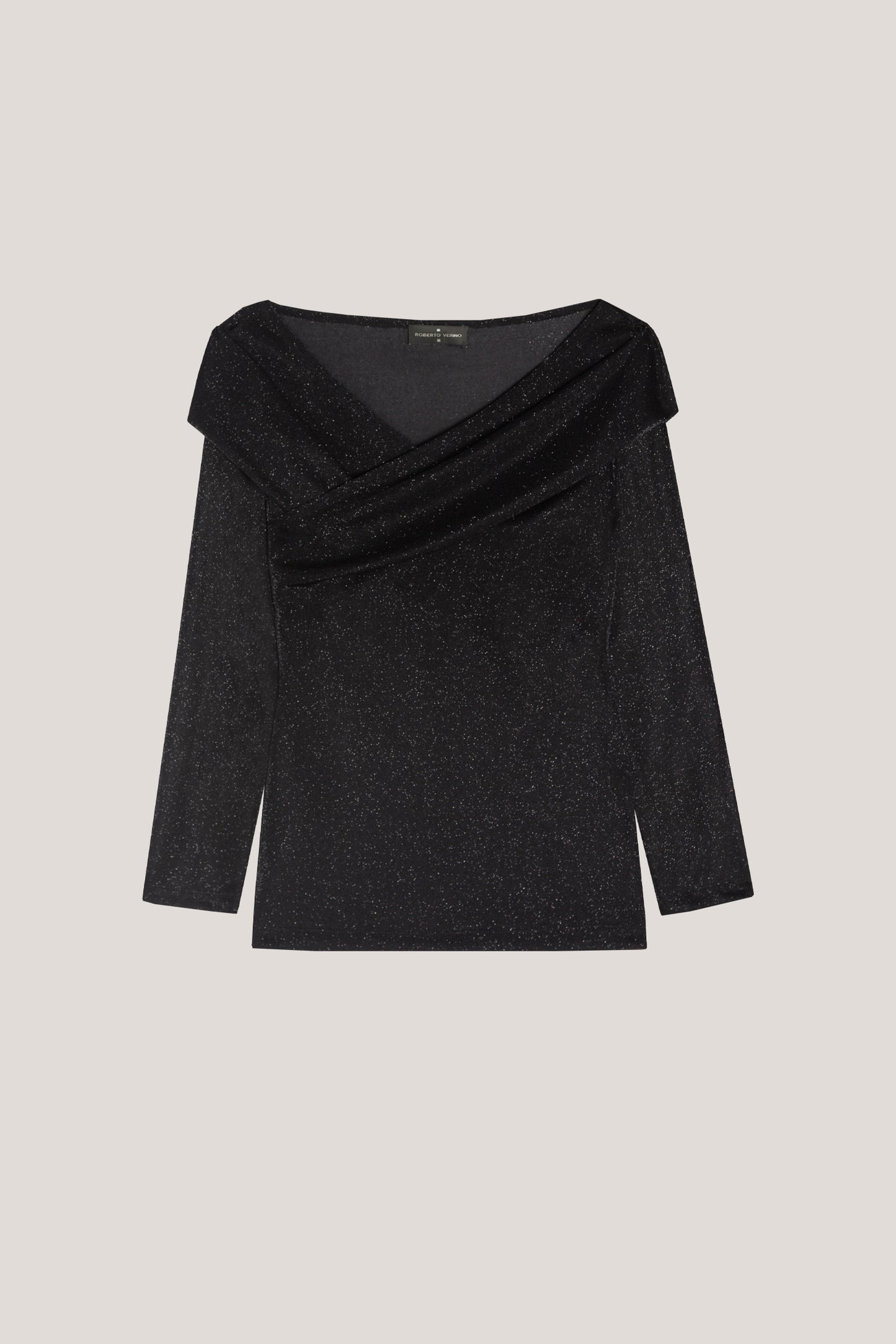 Crossed neckline t-shirt in black shiny knit