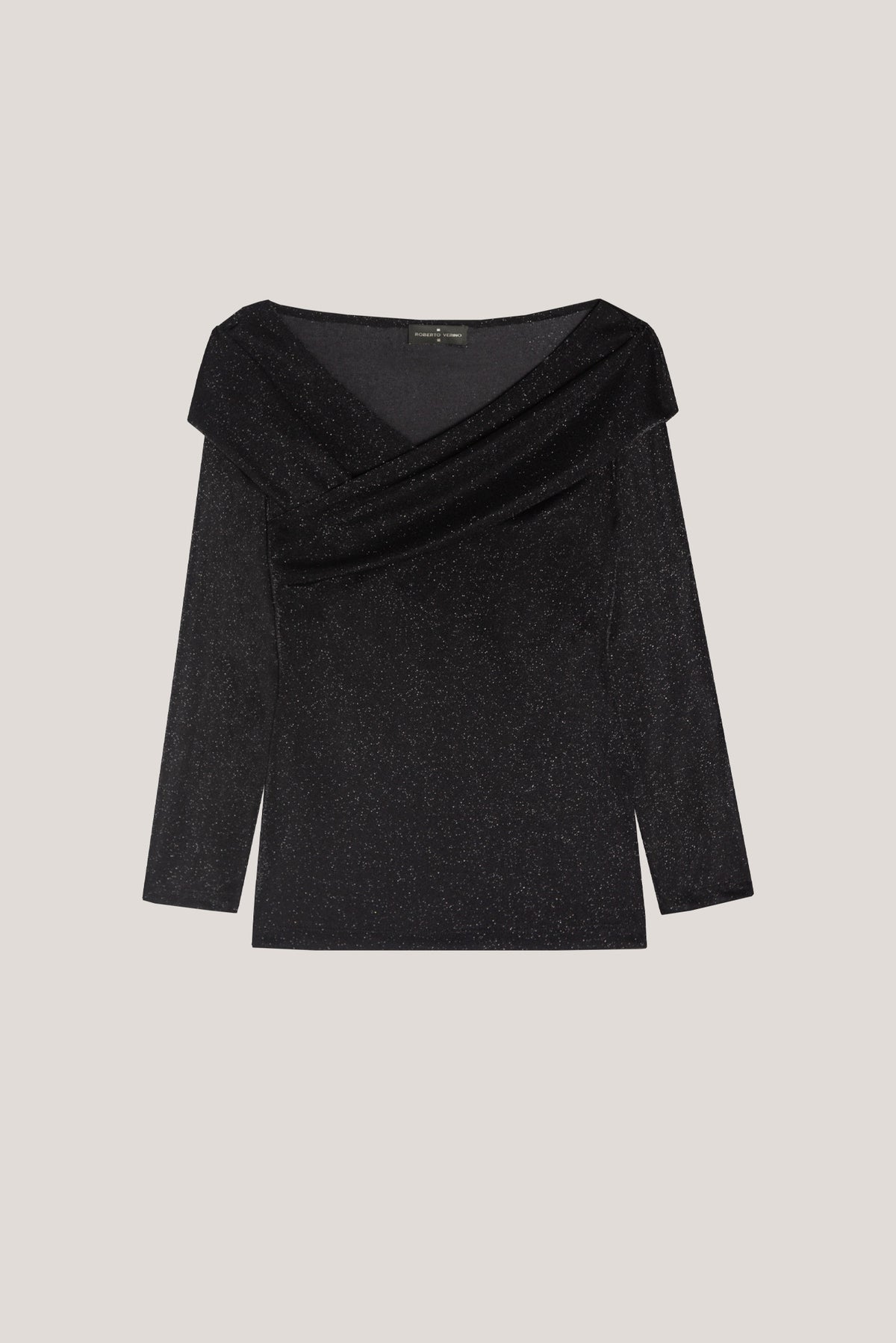 Crossed neckline t-shirt in black shiny knit
