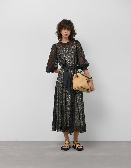 Black guipure long sleeve midi dress