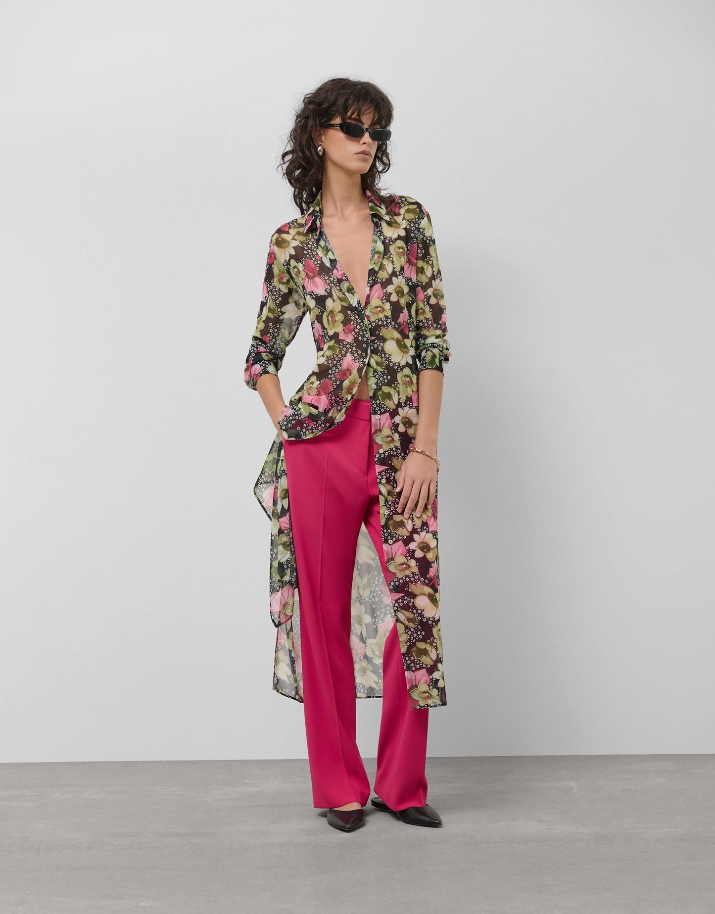 Green floral print crepe georgette long sleeve midi shirt dress