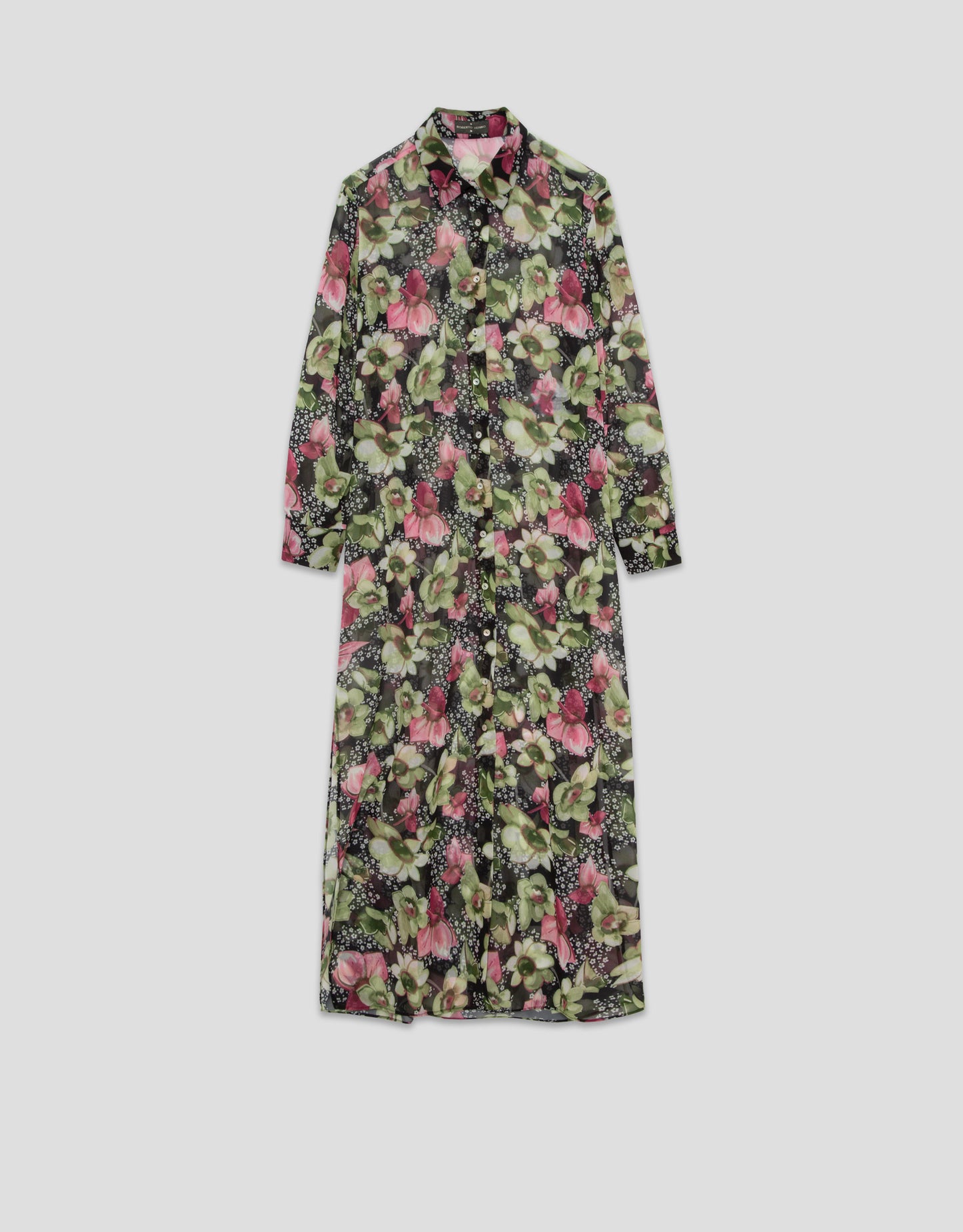 Green floral print crepe georgette long sleeve midi shirt dress