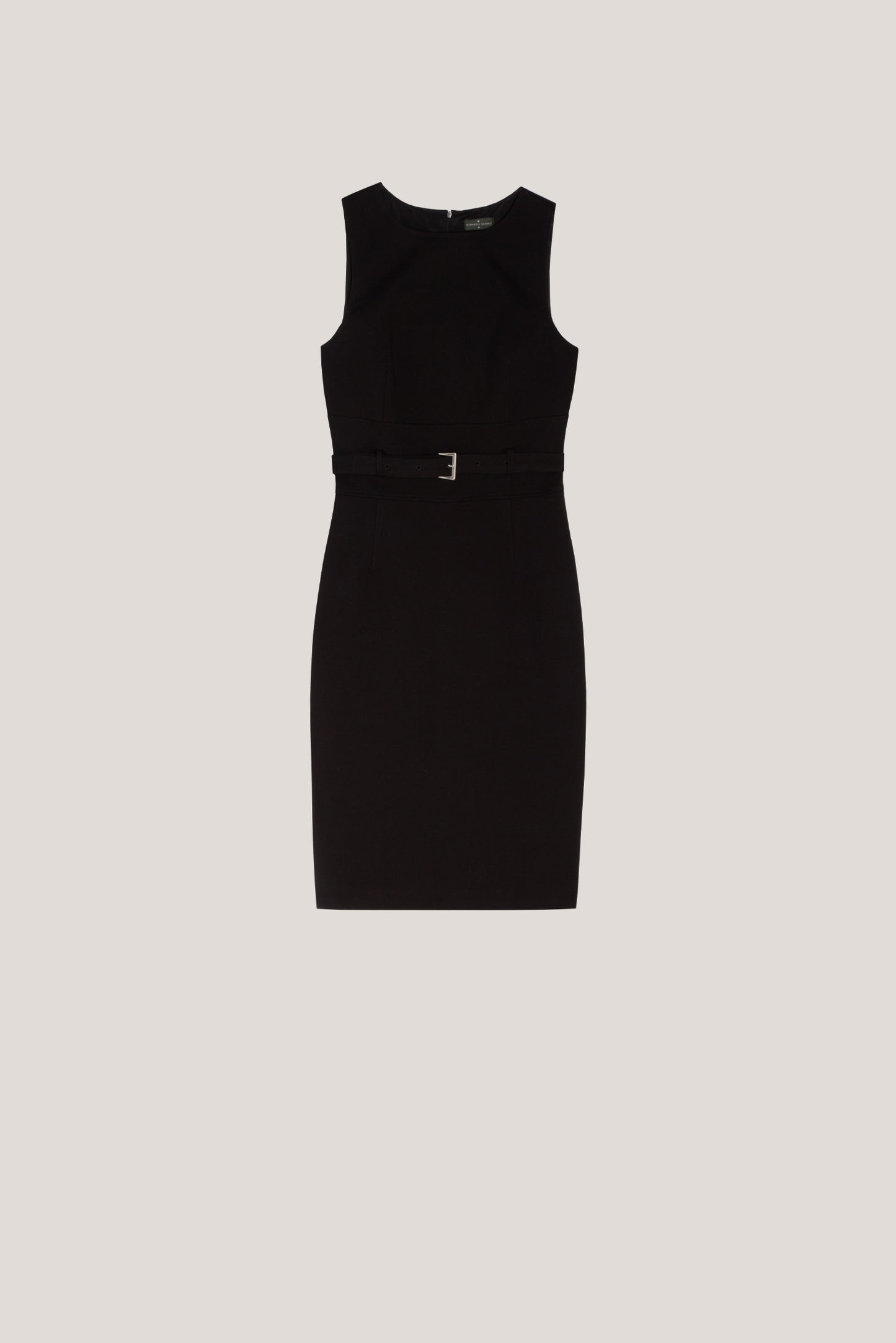 Black sleeveless dress with belt in cut knitted fabric