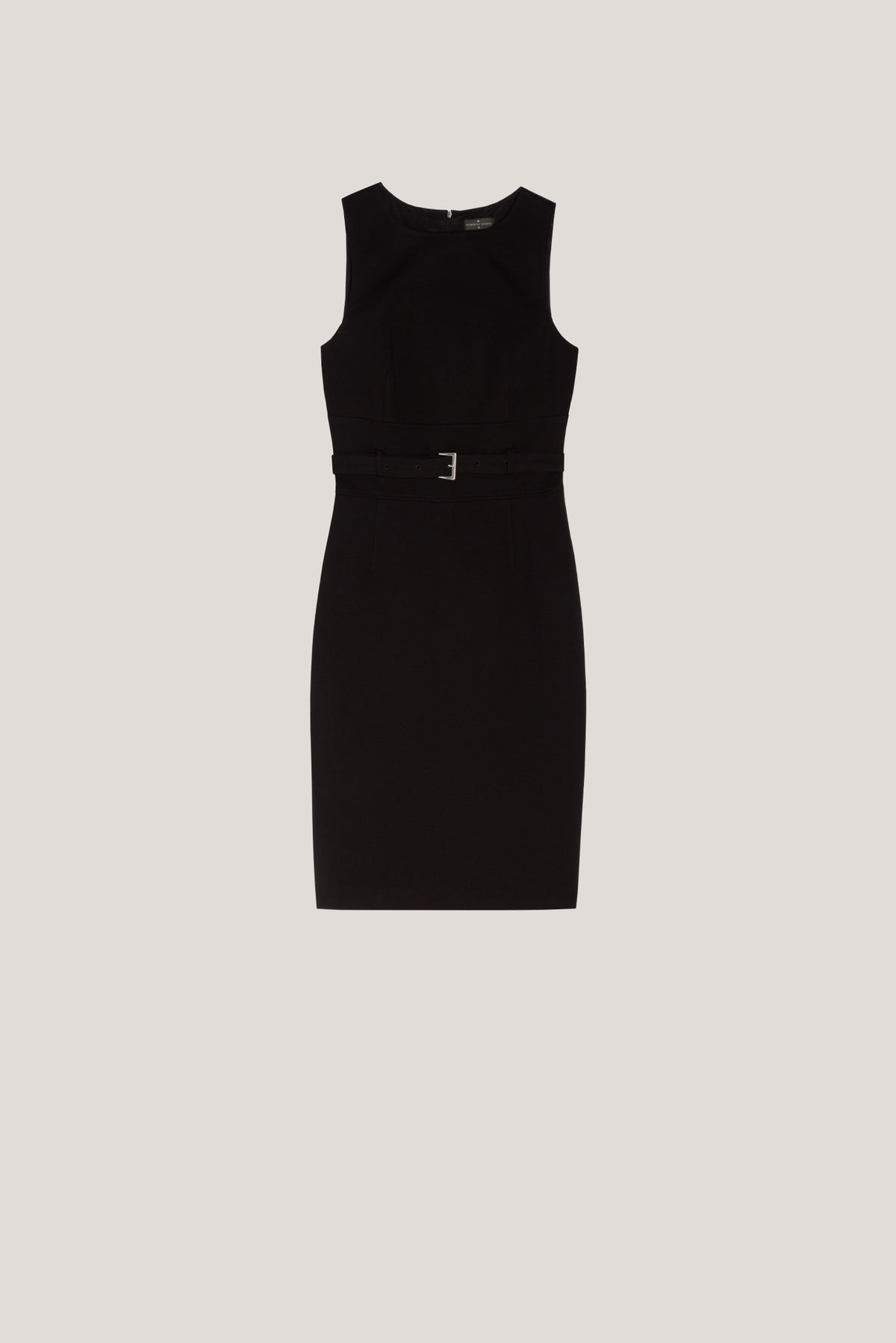 Black sleeveless dress with belt in cut knitted fabric