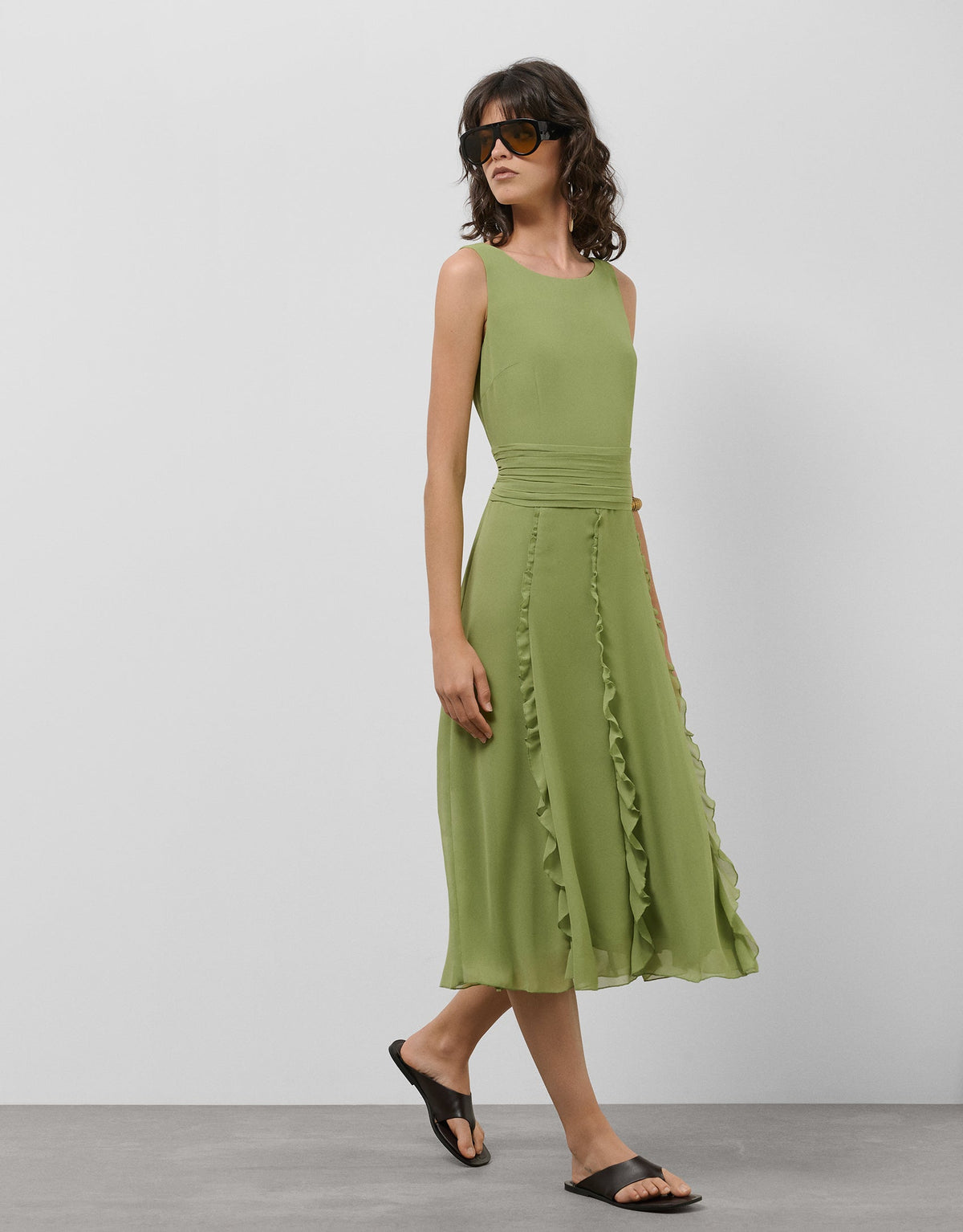 Sleeveless Midi Dress With Ruffles In Green Crepe Georgette