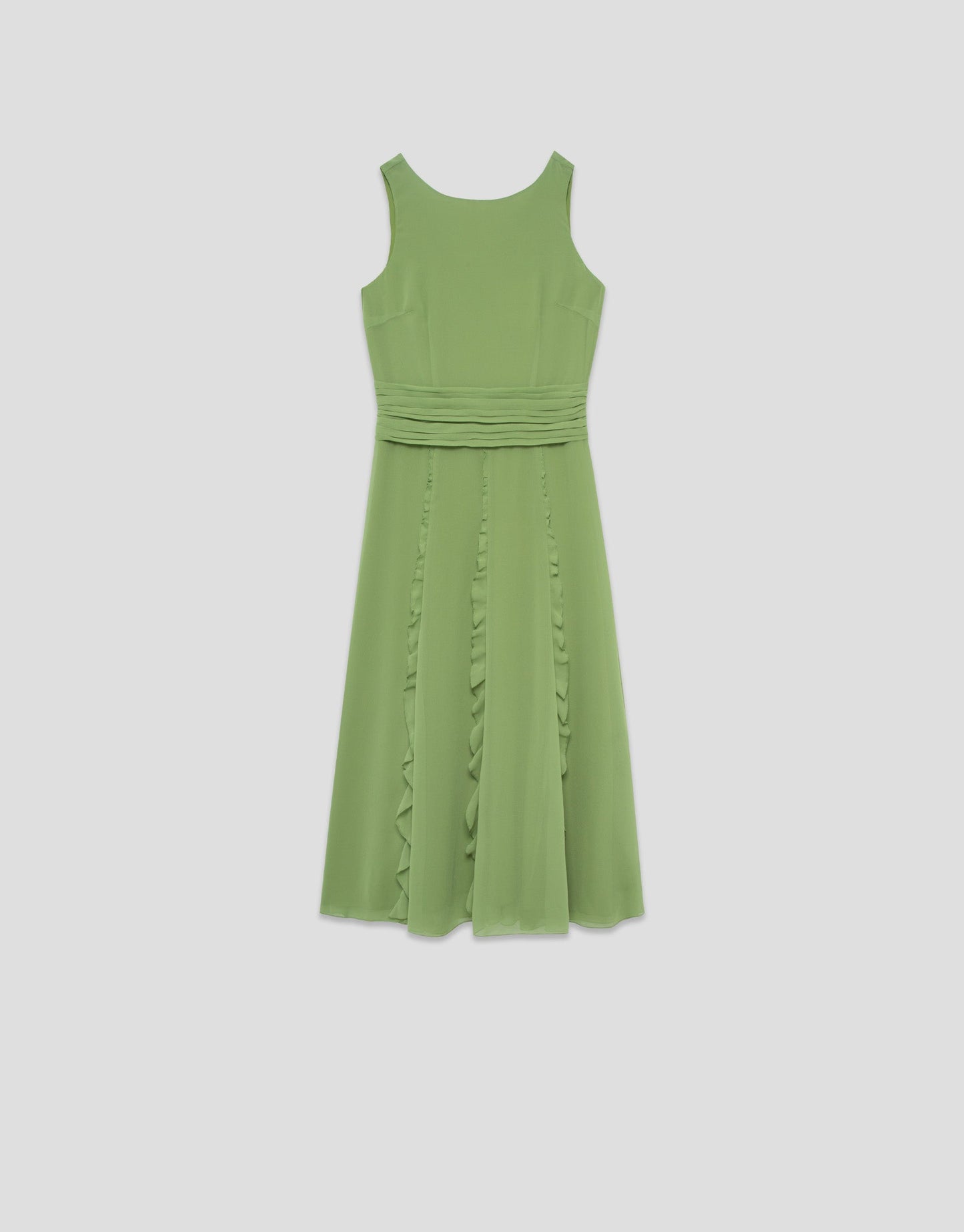 Sleeveless Midi Dress With Ruffles In Green Crepe Georgette