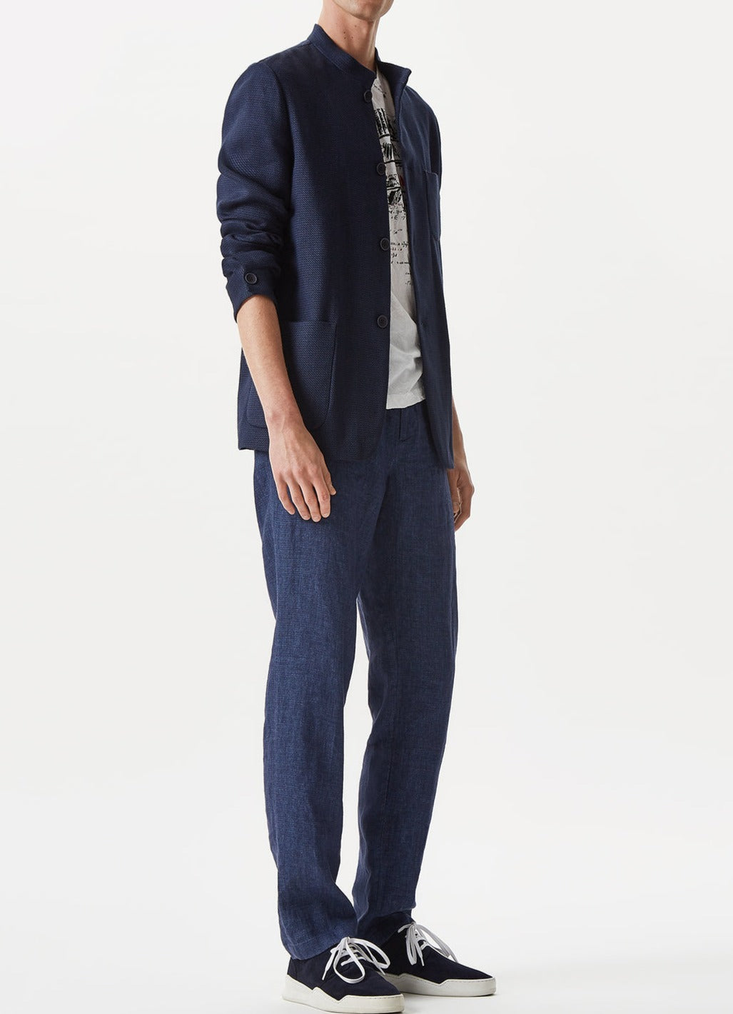 Navy Blue Mandarin Textured Jacket