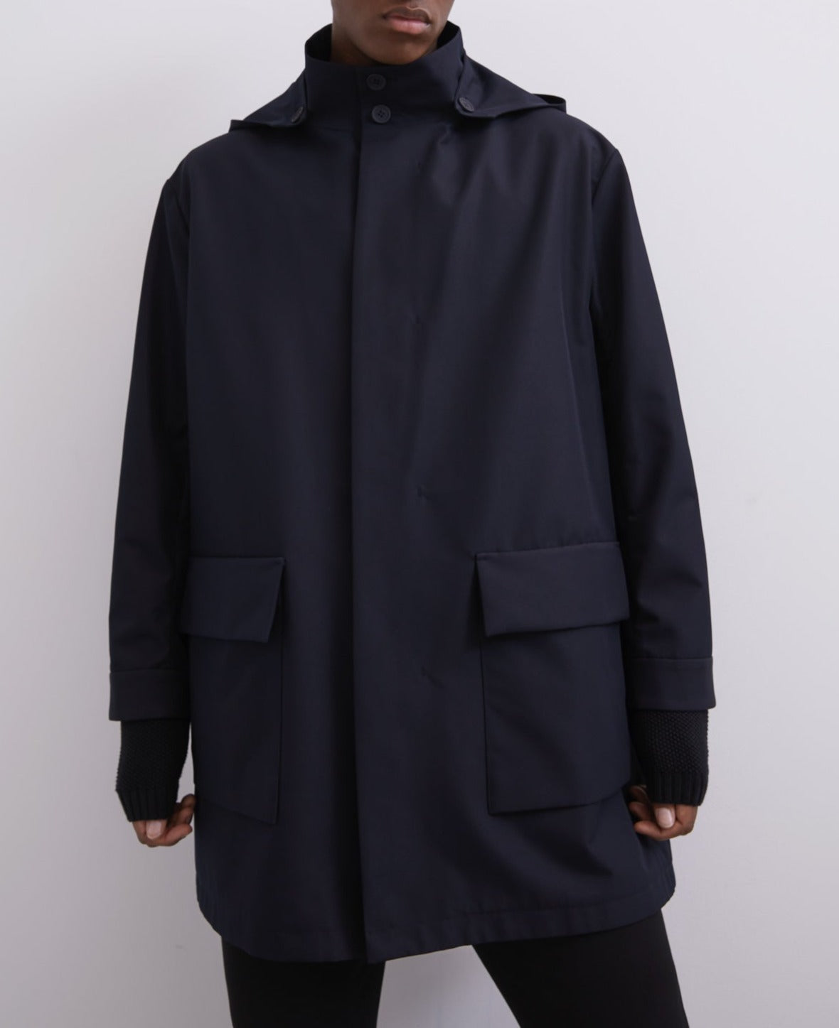 Navy Blue Mandarin Collar Parka With Hood