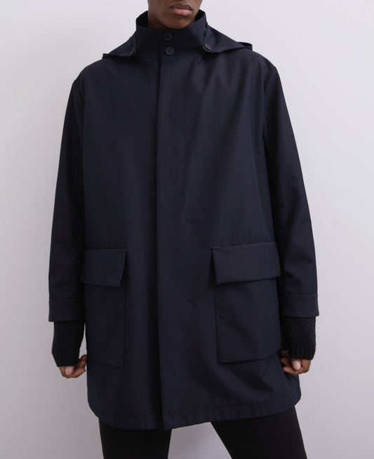 Navy Blue Mandarin Collar Parka With Hood