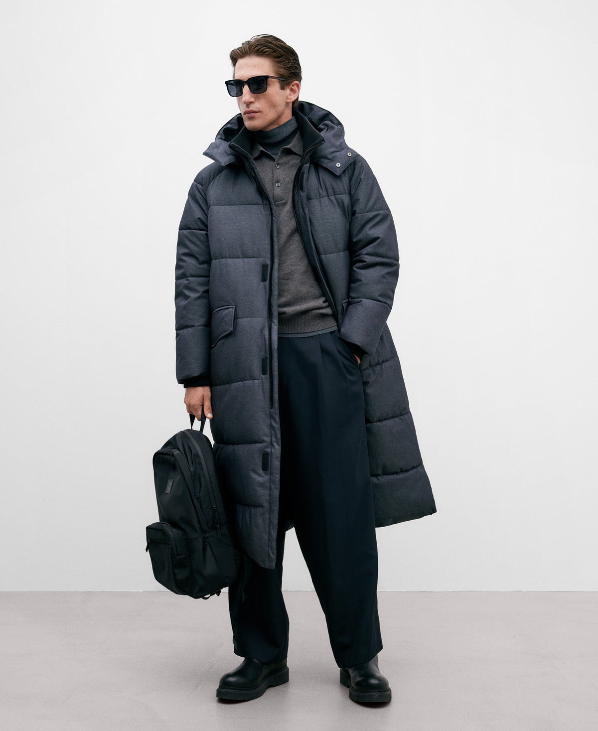 Melange Grey Long Padded Jacket For Men
