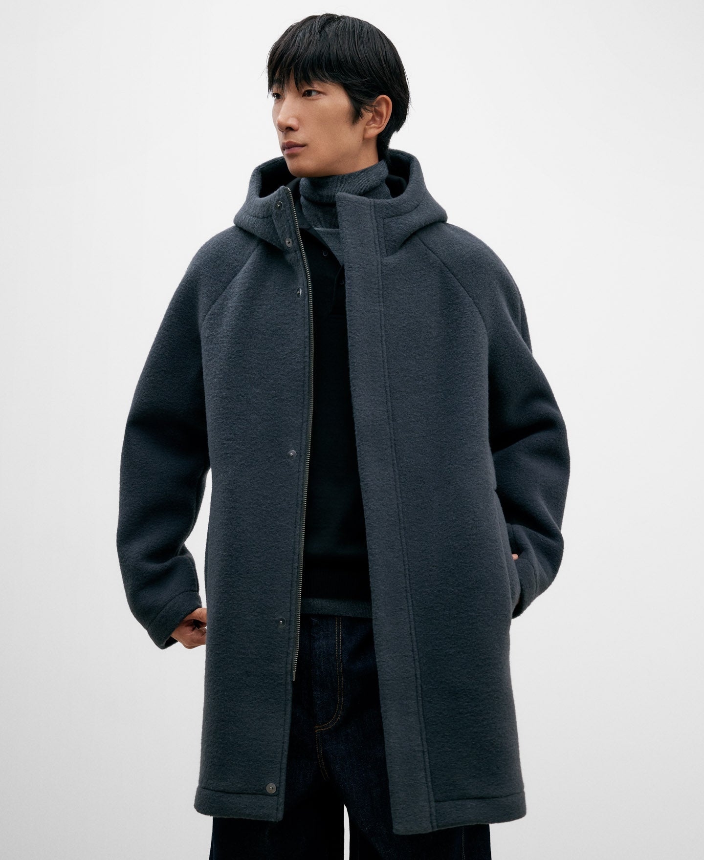 Grey Polyester Long Coat For Men
