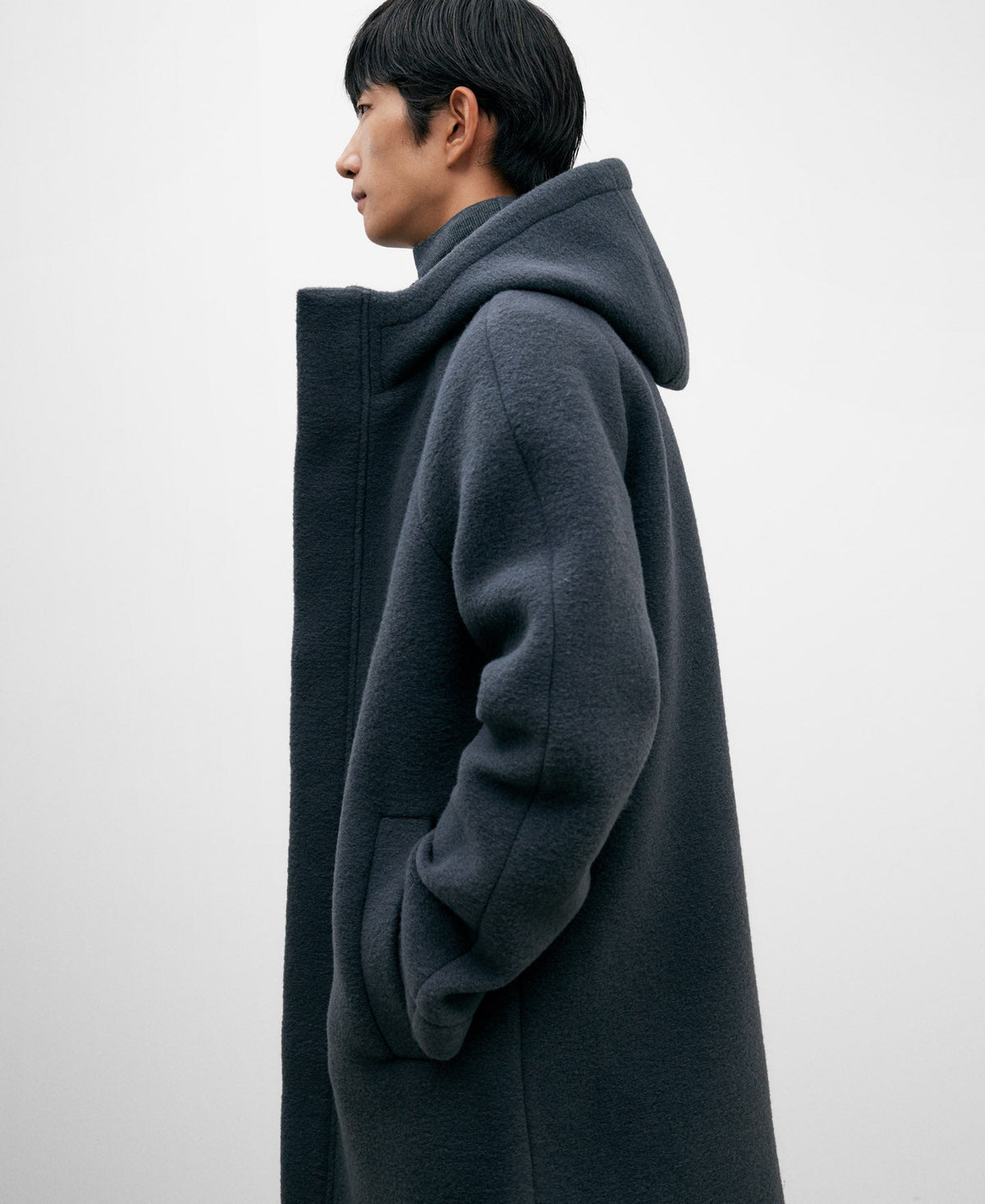 Grey Polyester Long Coat For Men