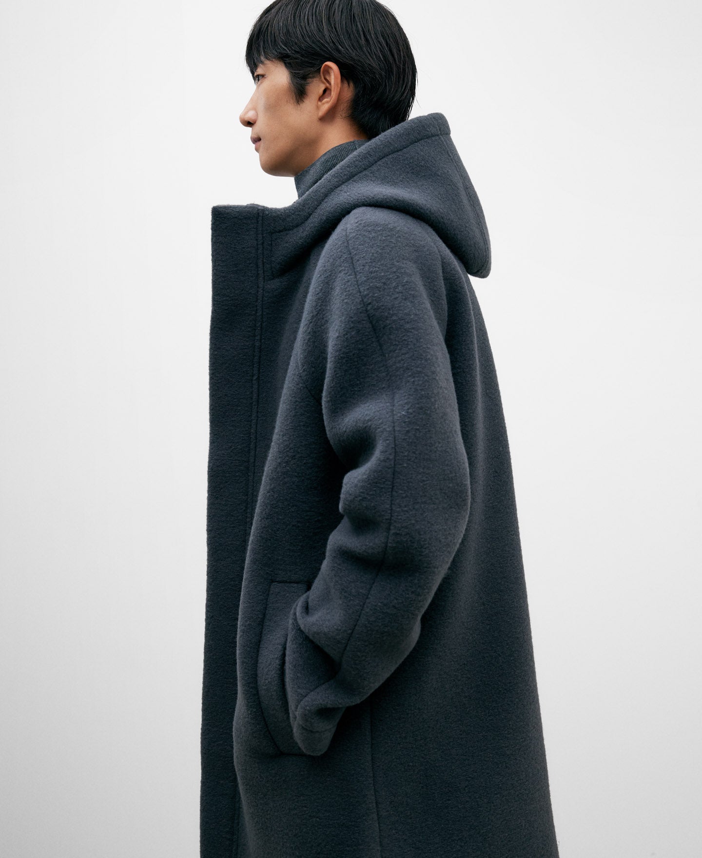 Grey Polyester Long Coat For Men