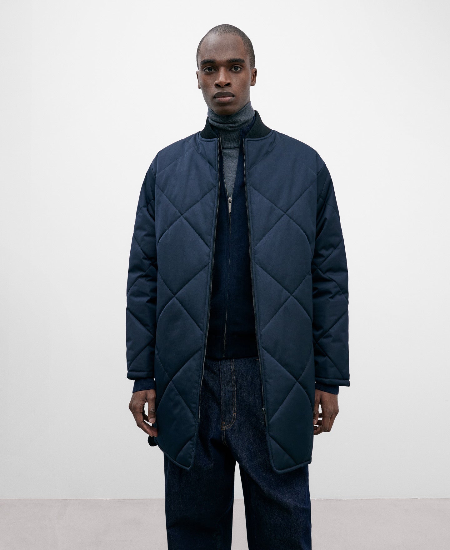 Long Padded Navy Blue Jacket For Men