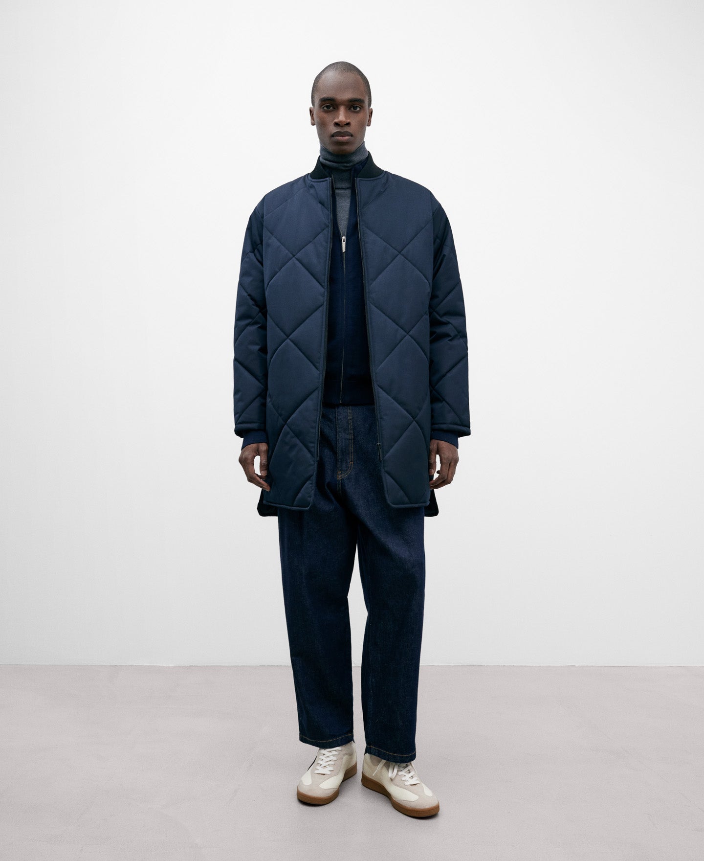 Long Padded Navy Blue Jacket For Men