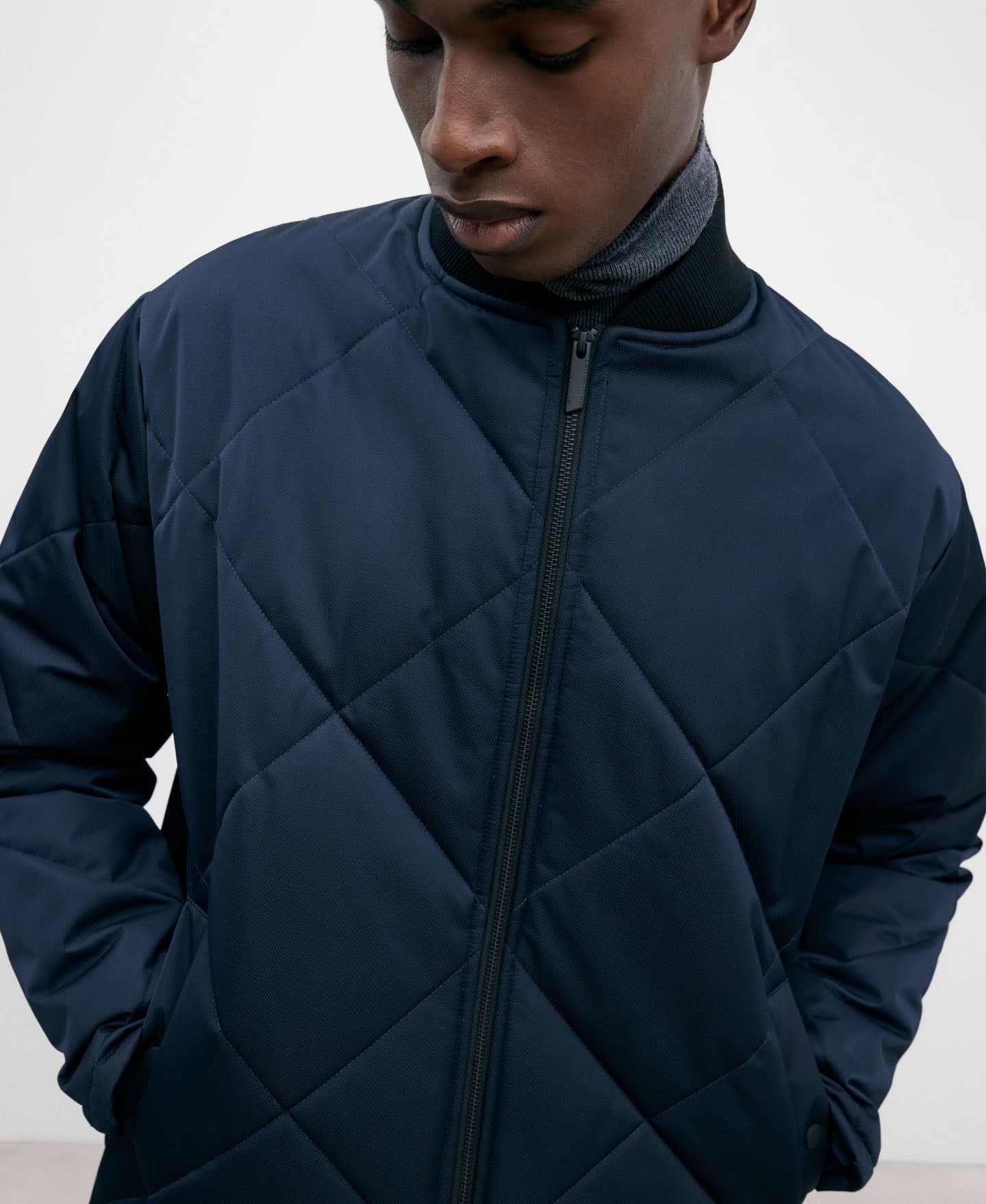 Long Padded Navy Blue Jacket For Men