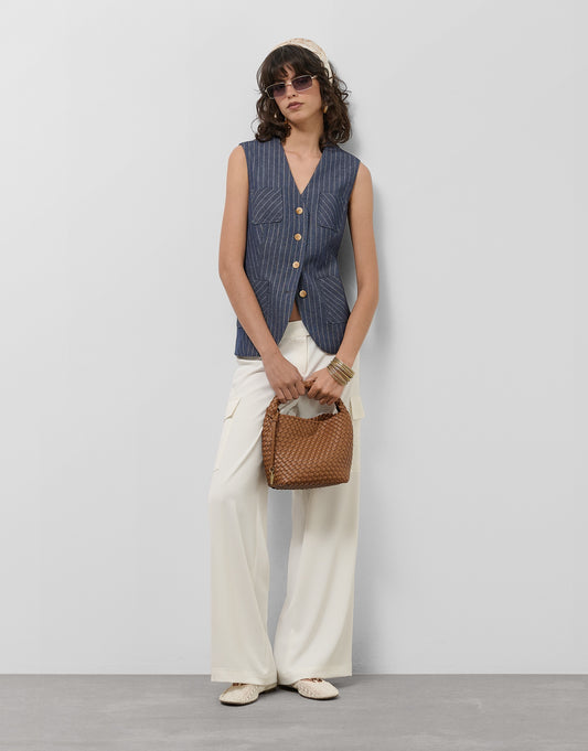 Blue denim and linen vest with gold outlines