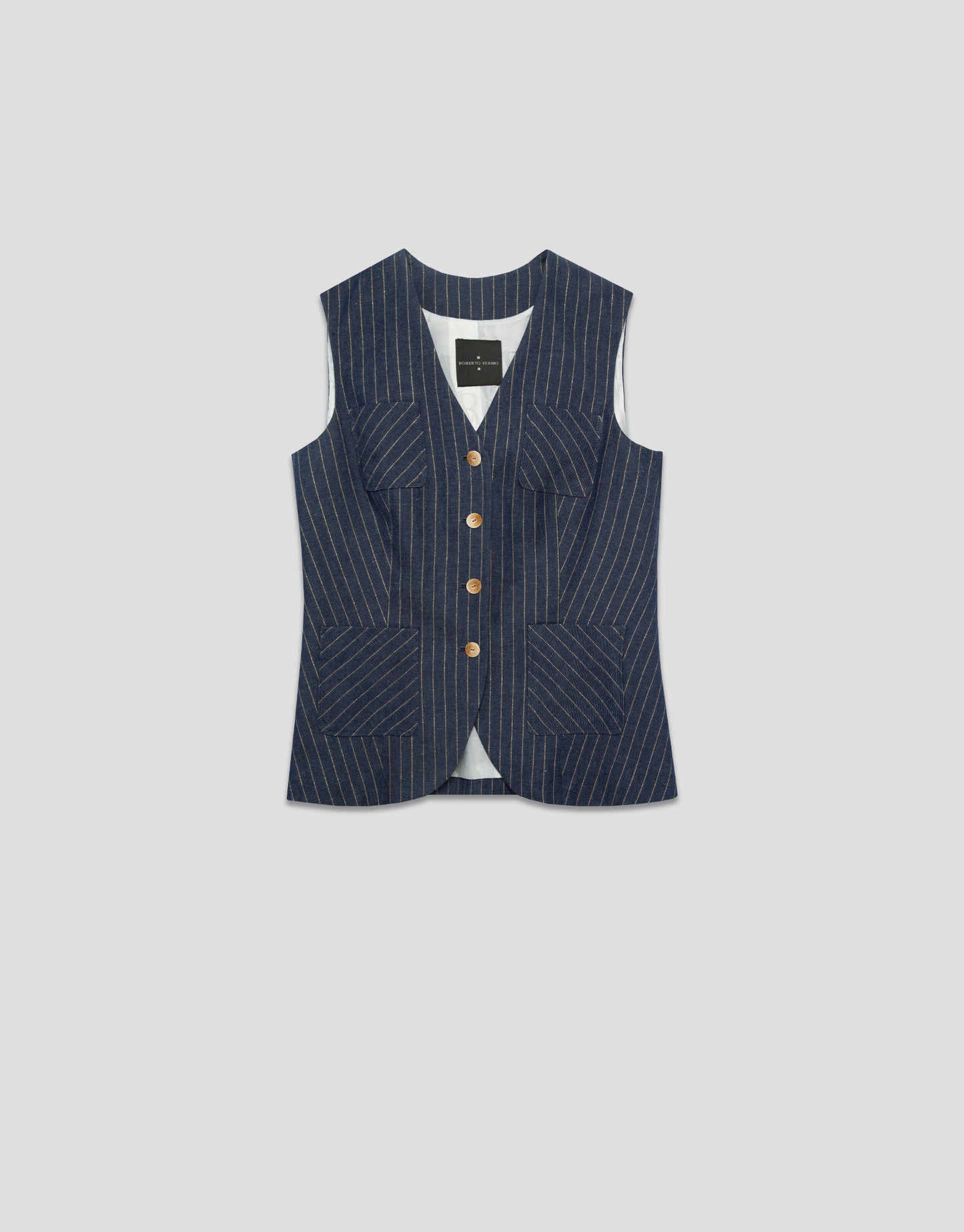 Blue denim and linen vest with gold outlines