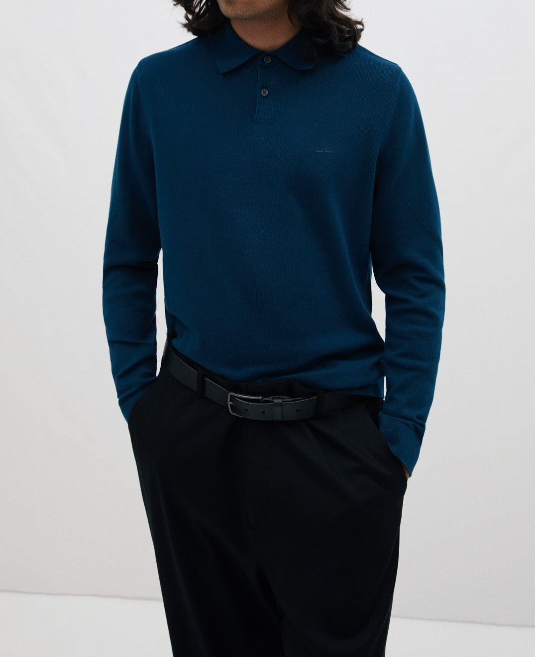 Blue Long Sleeve Cotton Polo Shirt