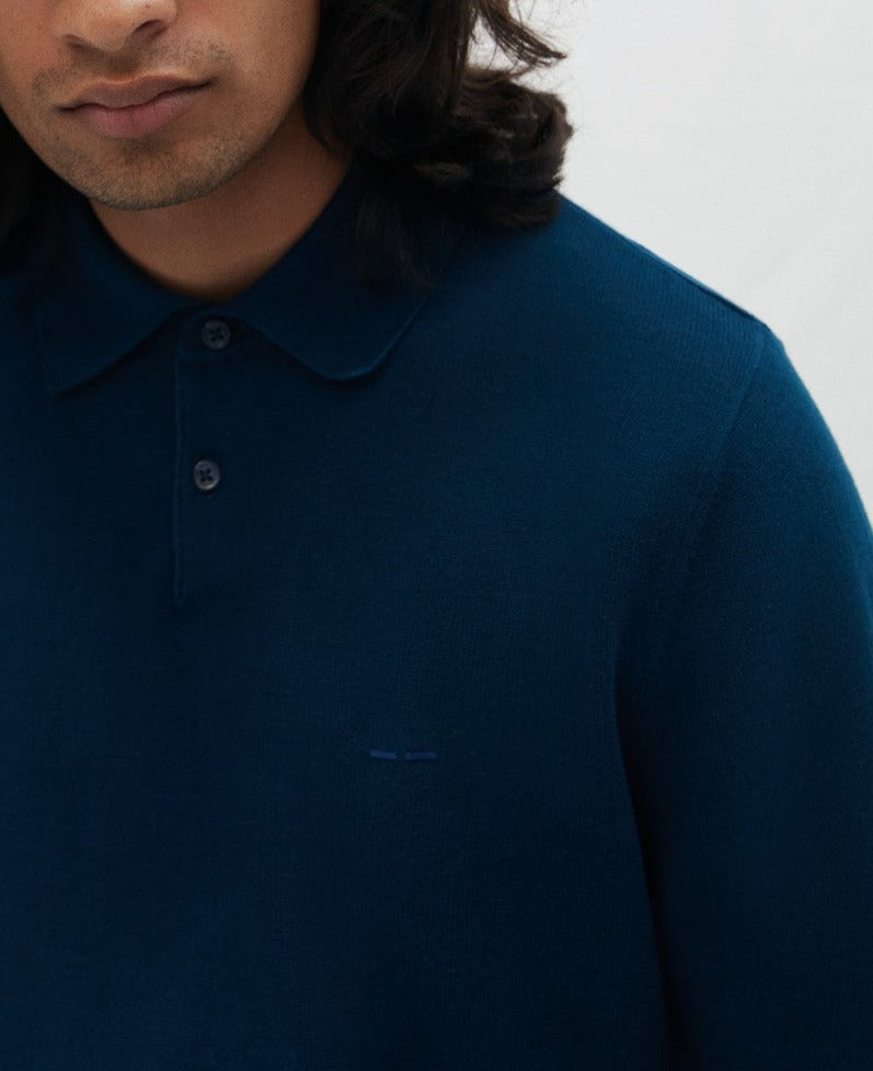 Blue Long Sleeve Cotton Polo Shirt