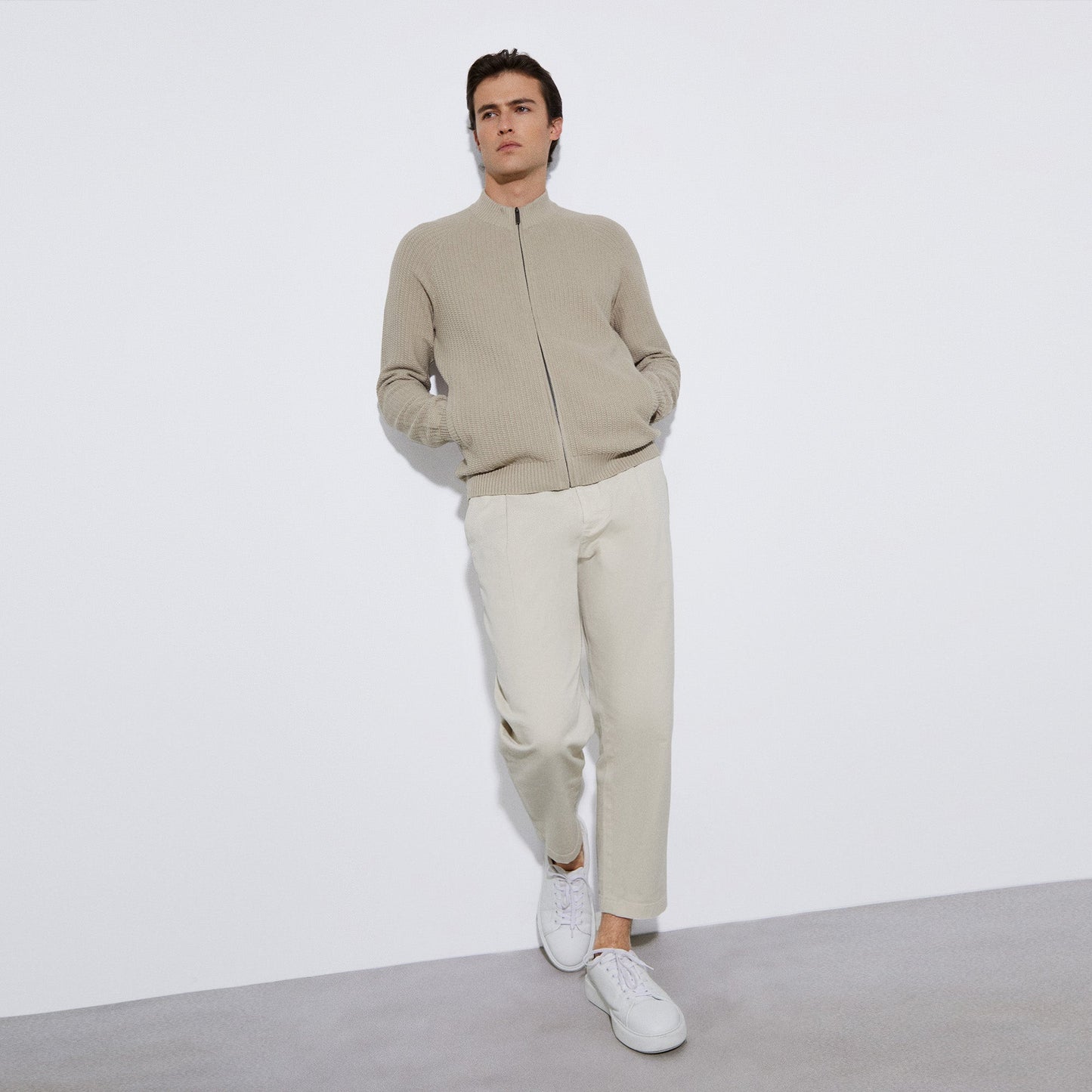 Sand Crew Neck Jacket With Central Zip