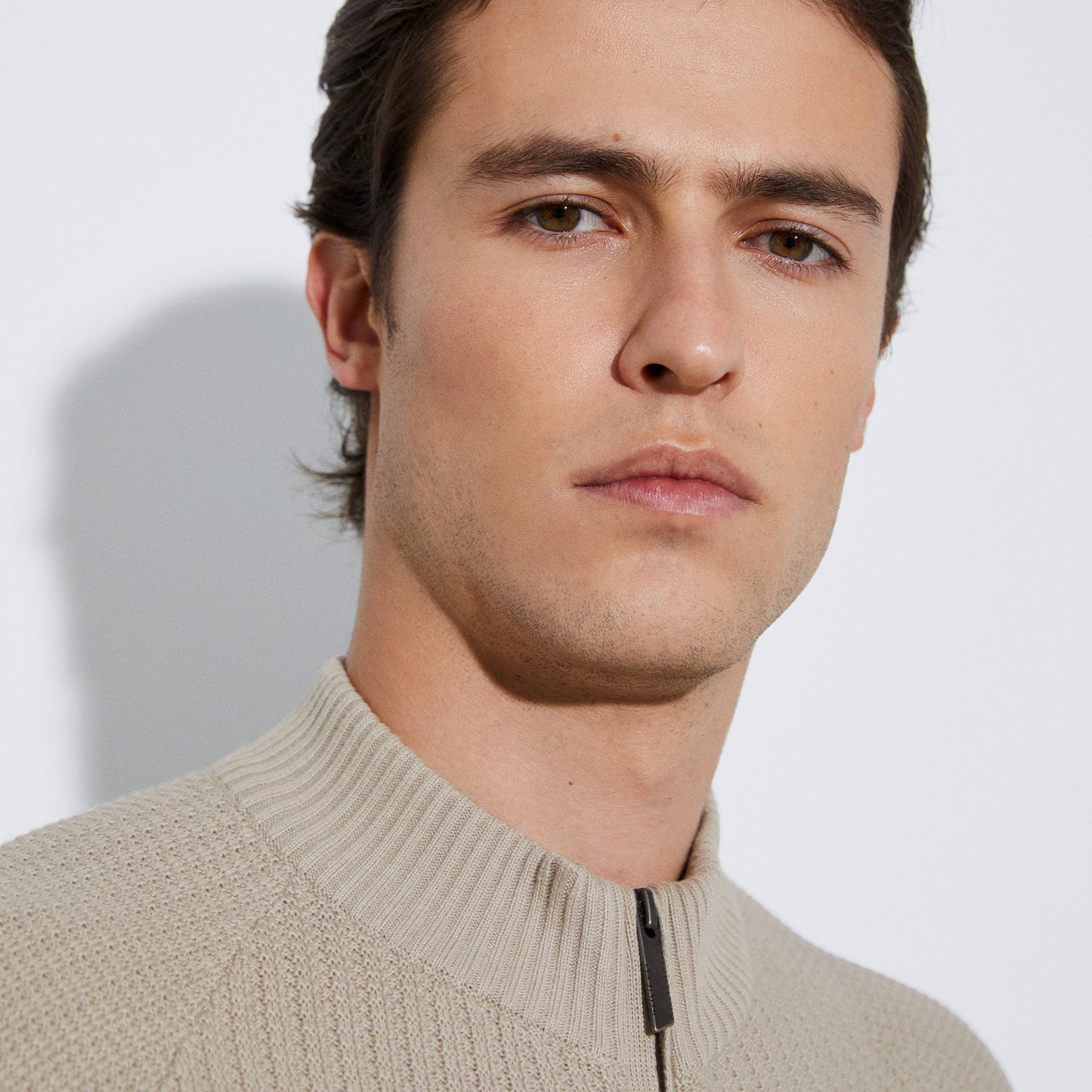 Sand Crew Neck Jacket With Central Zip