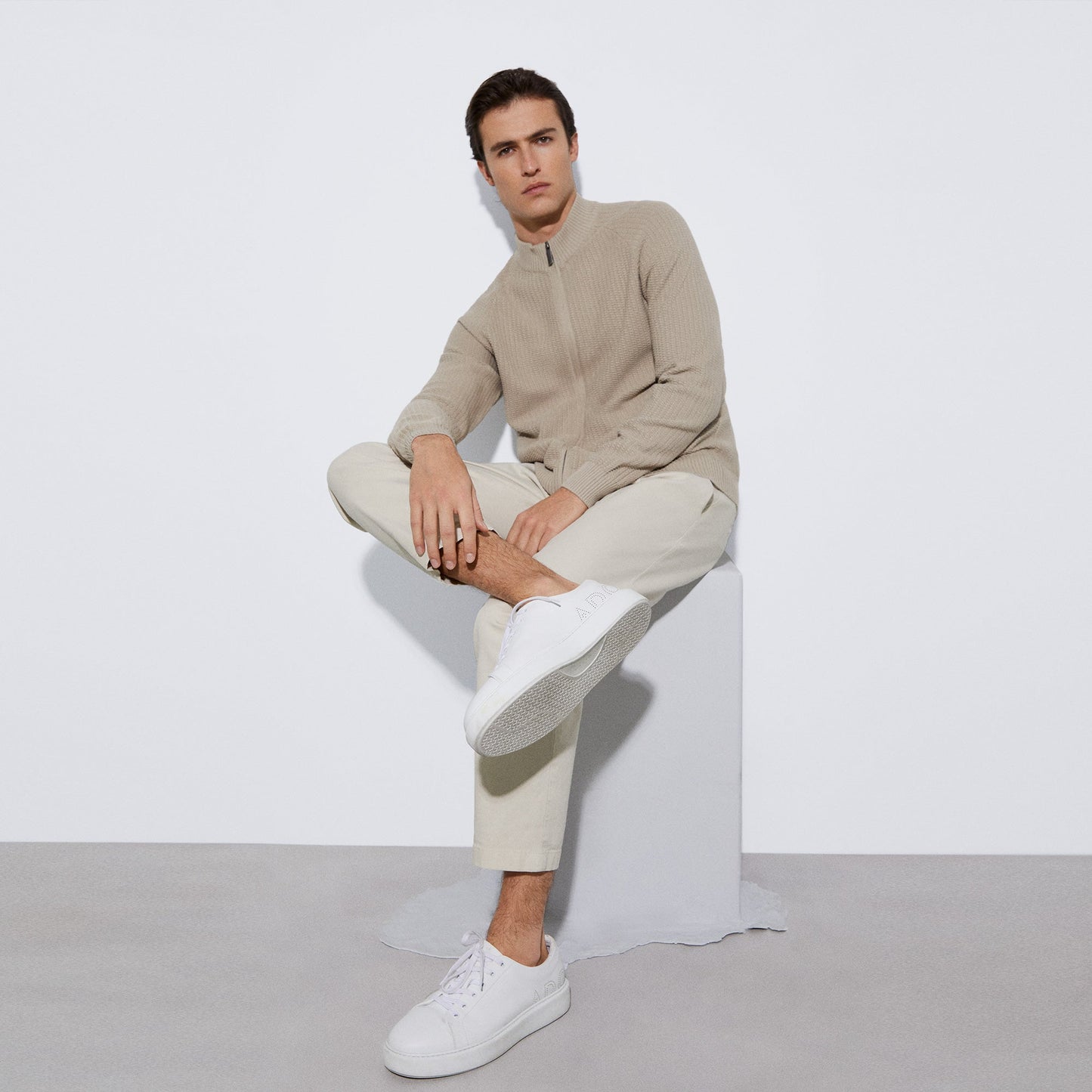 Sand Crew Neck Jacket With Central Zip
