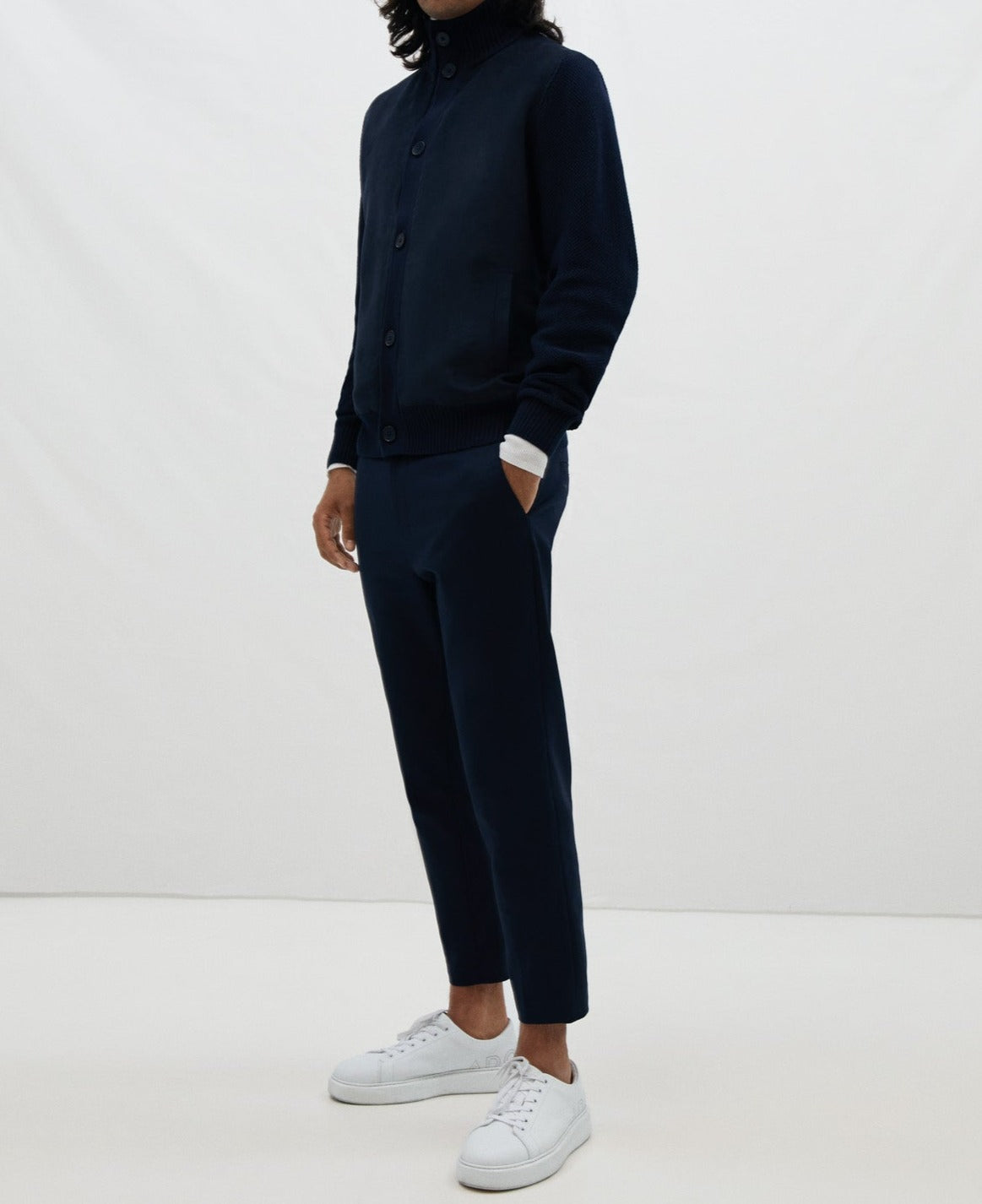 Navy Blue Cotton And Vegan Suede Cardigan