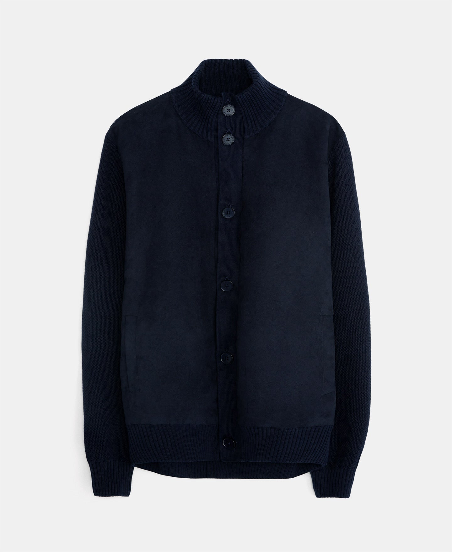 Navy Blue Cotton And Vegan Suede Cardigan