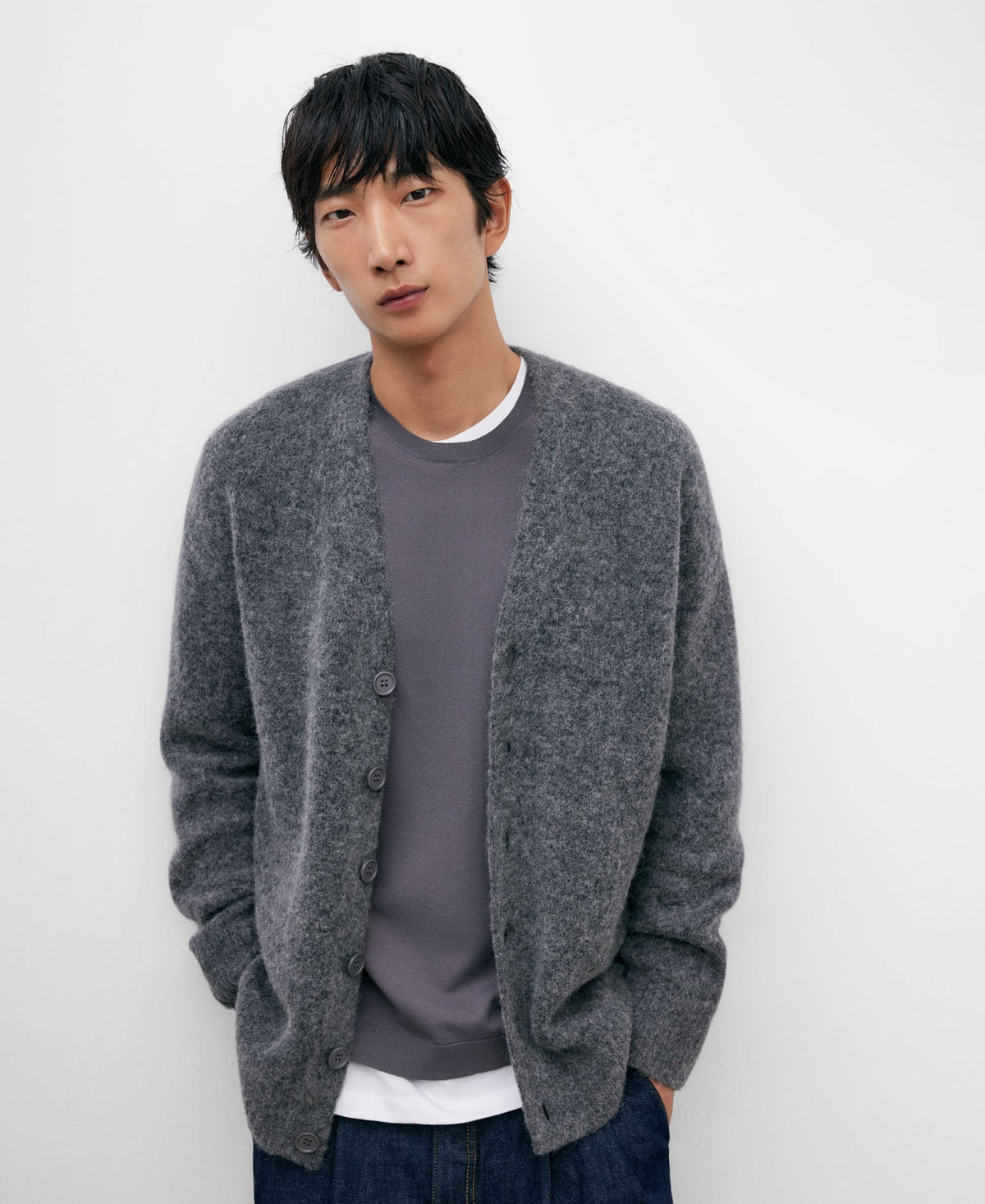 Grey Alpaca Knit Cardigan For Men