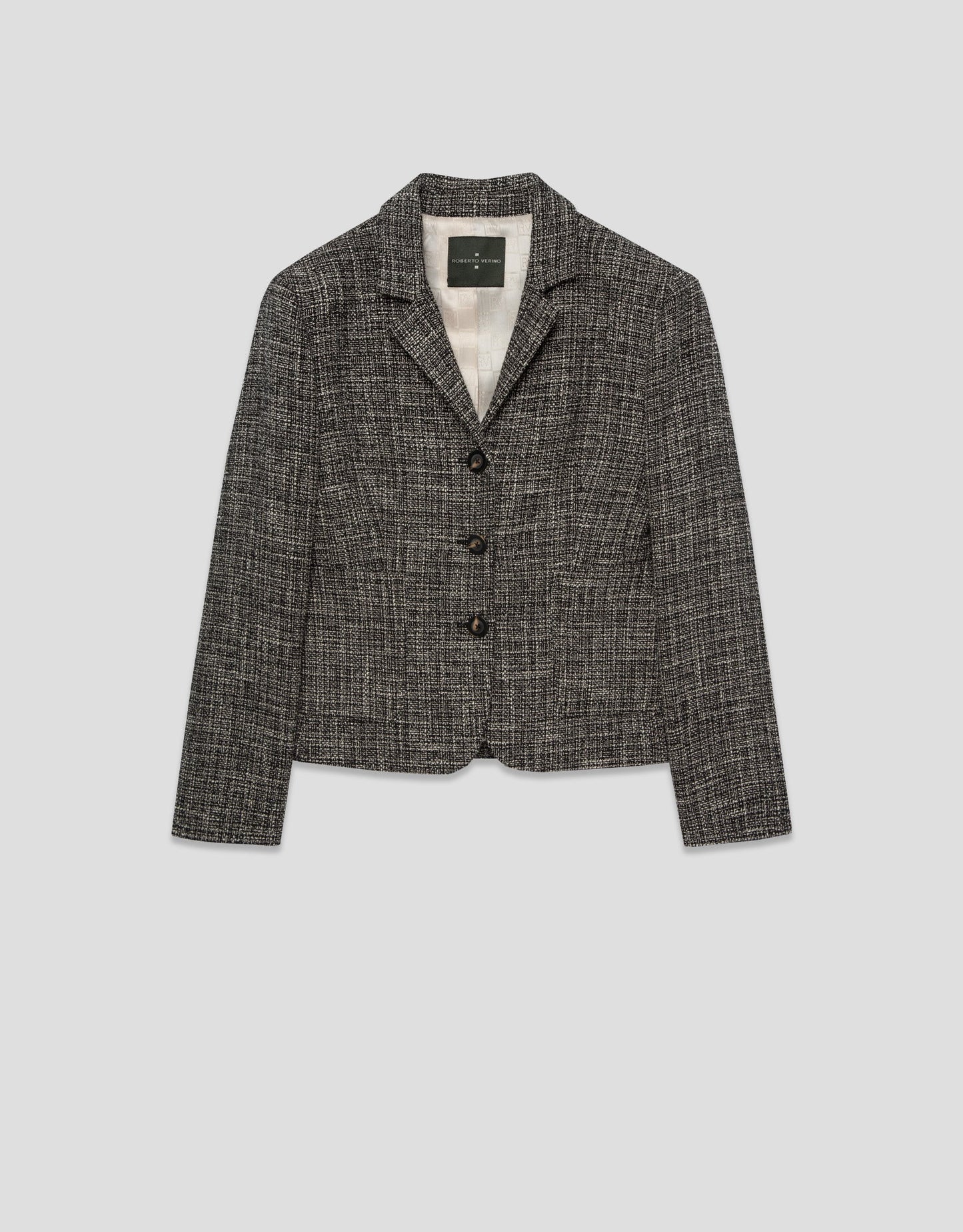 Short Jacket With Lapels, Black And Ecru Pattern