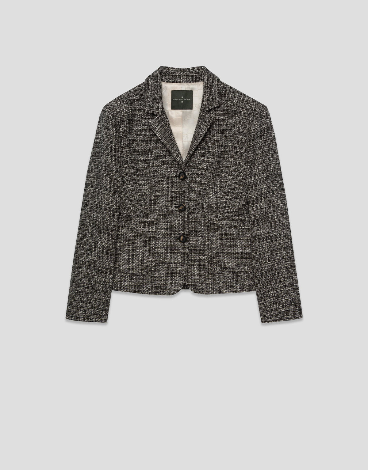 Short Jacket With Lapels, Black And Ecru Pattern