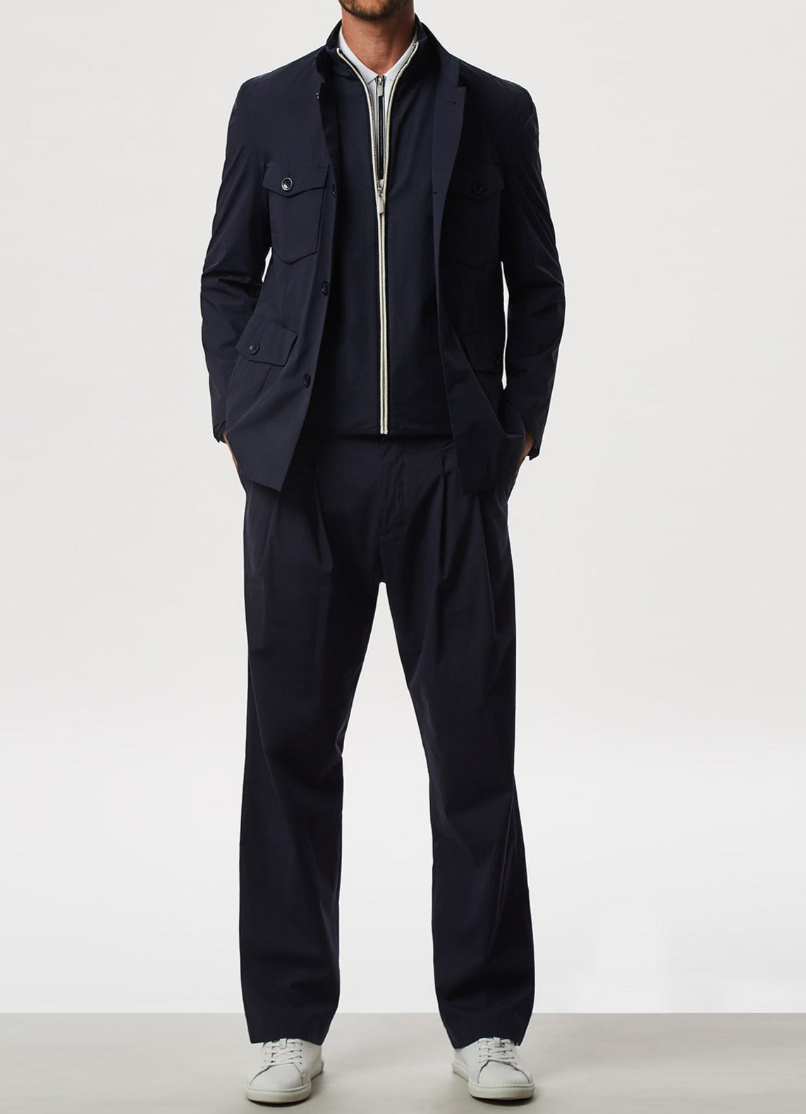 Navy Blue Cardigan With Nylon Fron