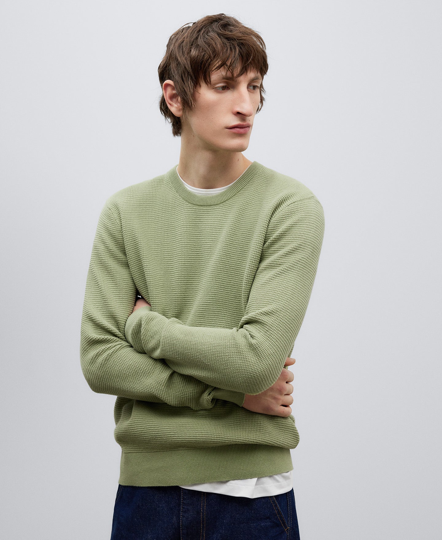 Olive Green Green Cotton Structured Sweater