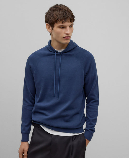 Knit hoodie man in blue/grey